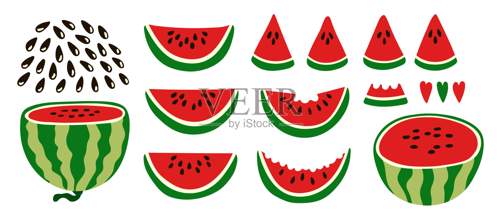 成熟的西瓜红。整片的西瓜籽。一套多汁的水果夏季设计。现代平面风格的插图。明亮的色彩元素。插画图片素材