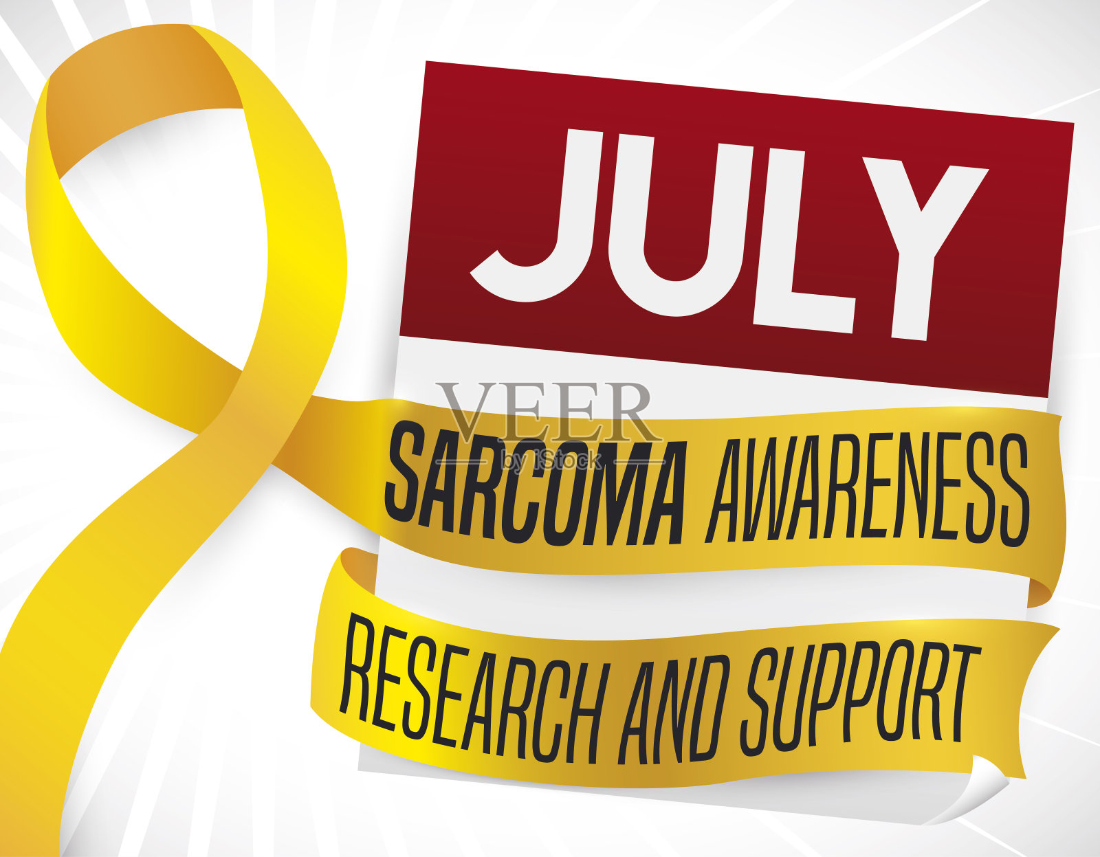 用黄色丝带包裹的日历,在7月提高对肉瘤的认识插画图片素材