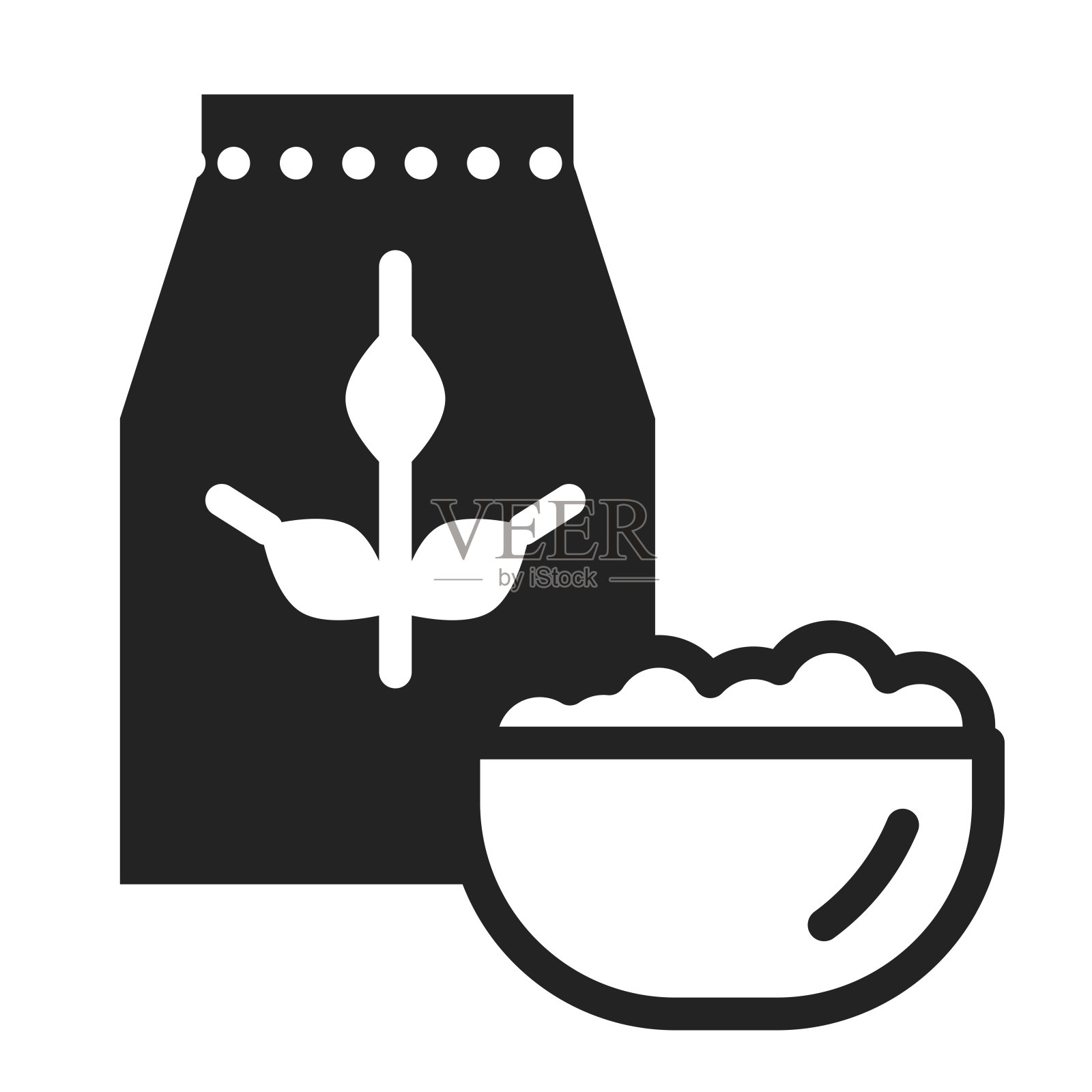 麦片包和碗黑色字形图标。健康有机食品。适当的营养。孤立的向量元素。用于网页、手机应用、促销的轮廓象形图。图标素材