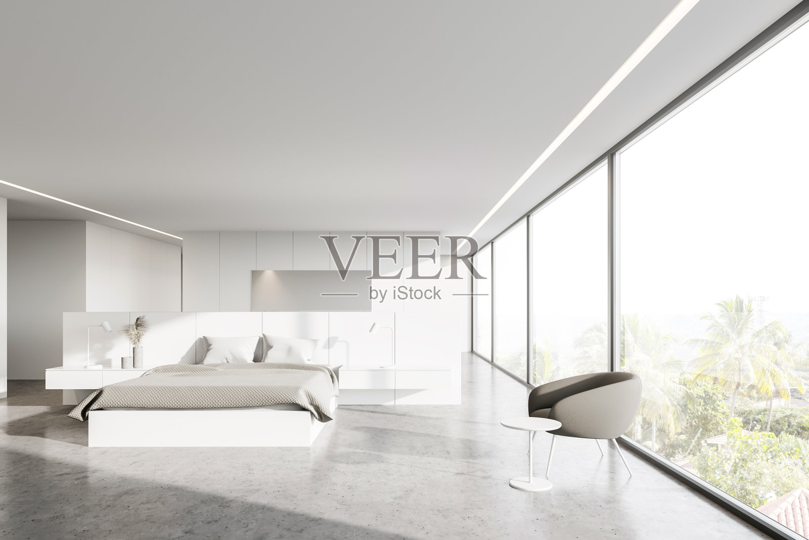 白色全景主卧室与扶手椅照片摄影图片