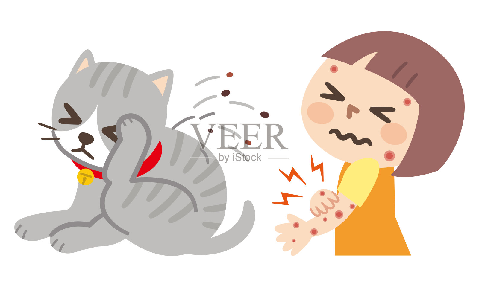 女孩因为猫跳蚤的卡通载体而出疹子插画图片素材