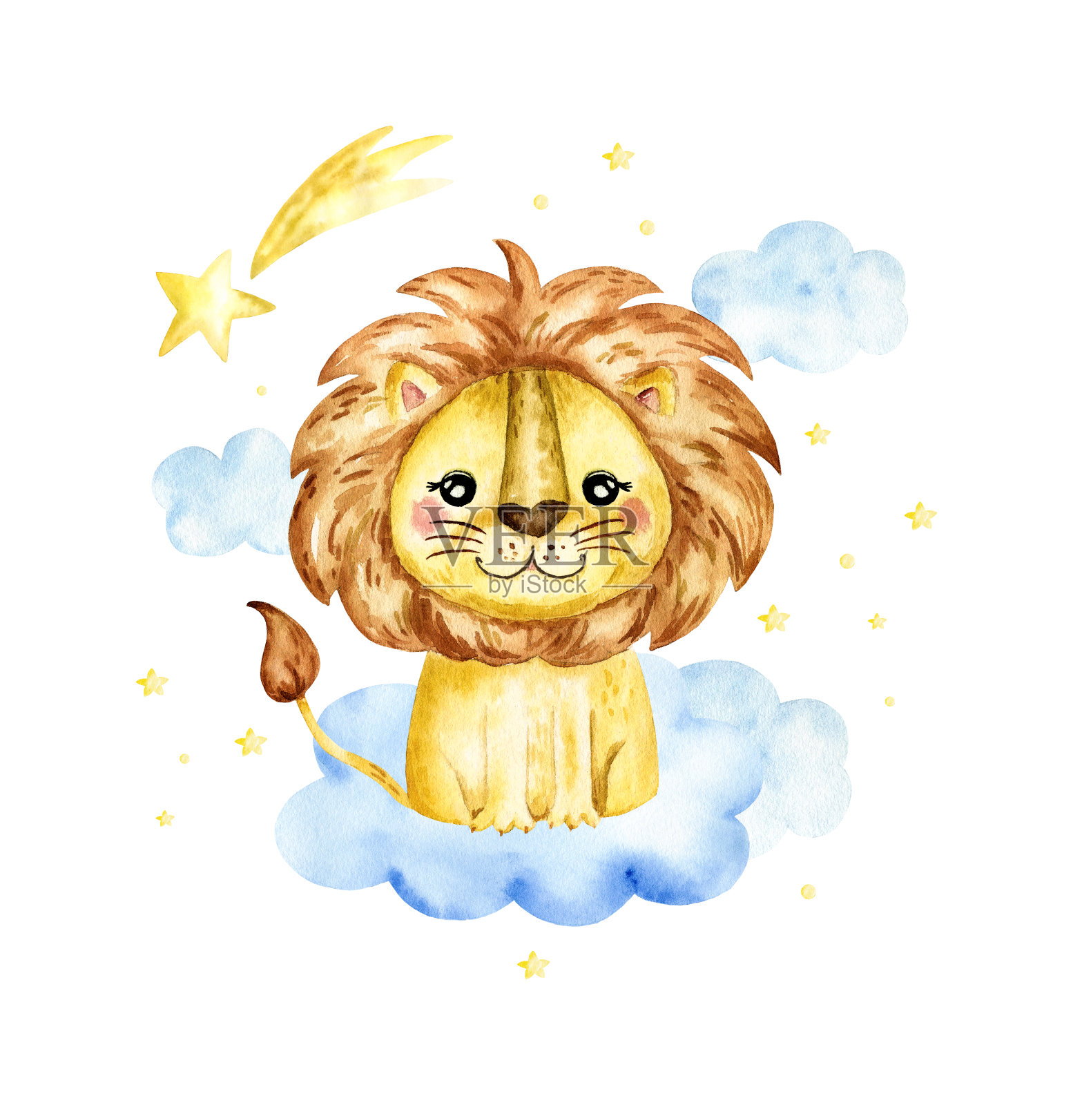 水彩插图与狮子。水彩卡通狮子草原动物插图。丛林热带大草原异国情调夏季印花。插画图片素材