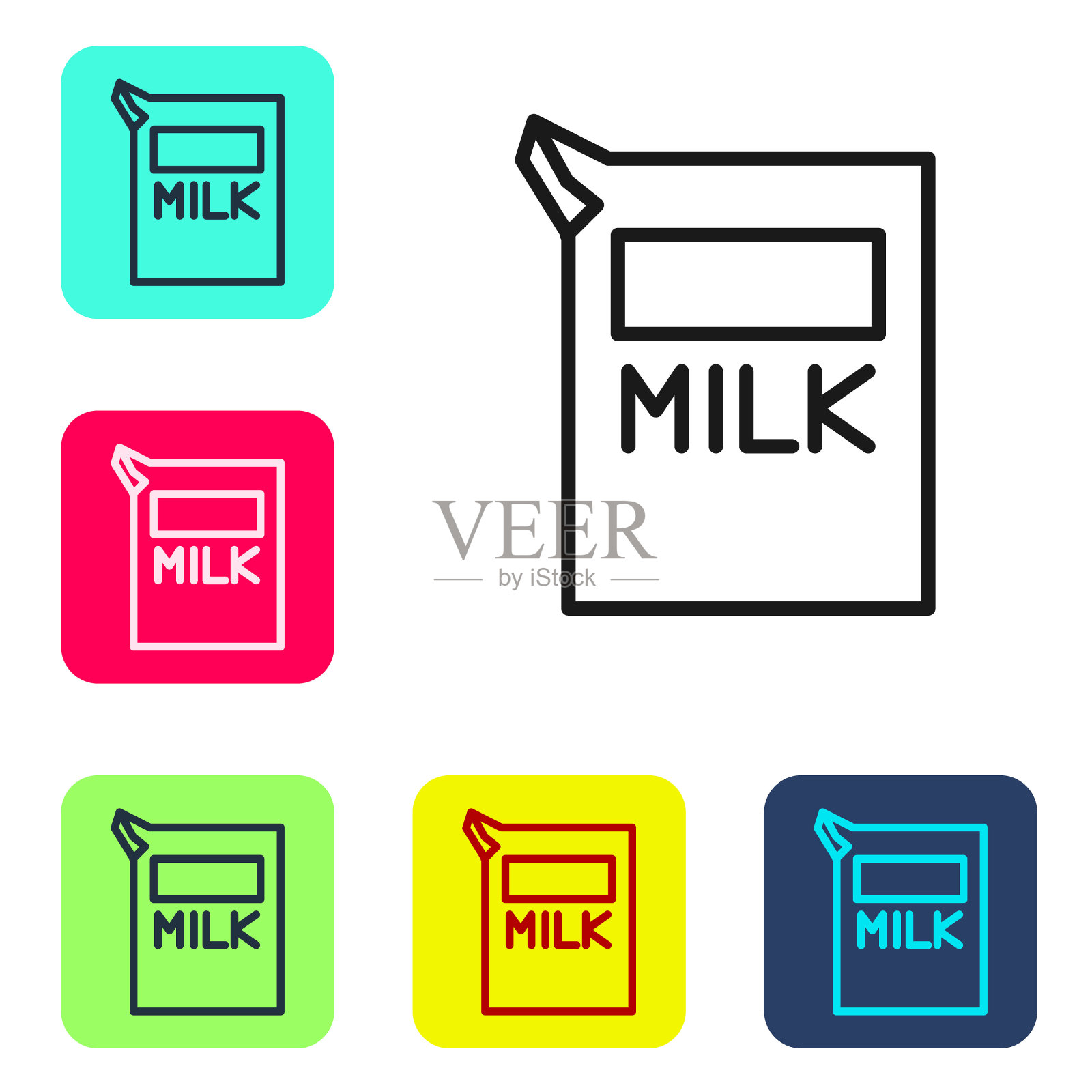 黑色线条牛奶图标的纸包,在白色背景上隔离。奶包的迹象。设置图标的颜色方形按钮。矢量图图标素材