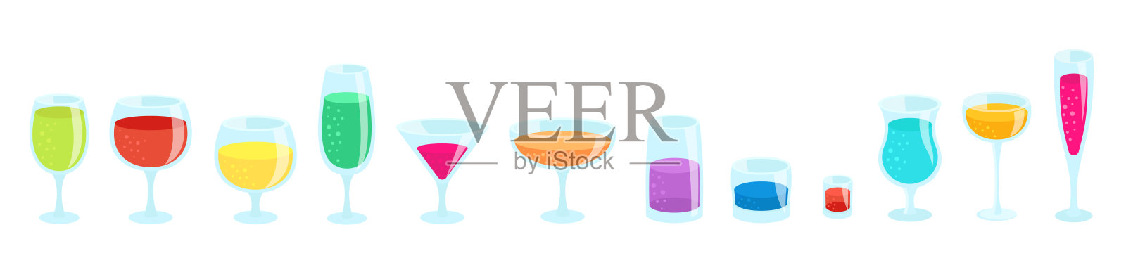 一套装饮料的玻璃杯。饮料玻璃器皿工具包。鸡尾酒的眼镜。水平的旗帜。平面矢量彩色插图。插画图片素材