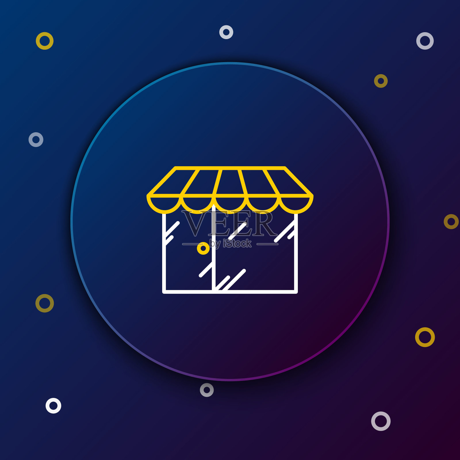 白色和黄色线理发店大楼图标孤立在深蓝色的背景。色彩斑斓的轮廓的概念。矢量图插画图片素材