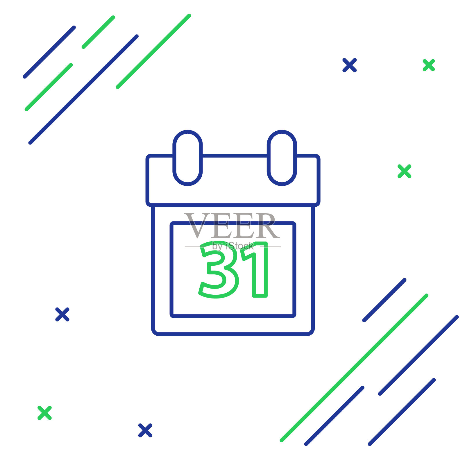 蓝色和绿色线日历与万圣节日期31月31日图标孤立在白色背景。快乐的万圣节派对。色彩斑斓的轮廓的概念。矢量图插画图片素材