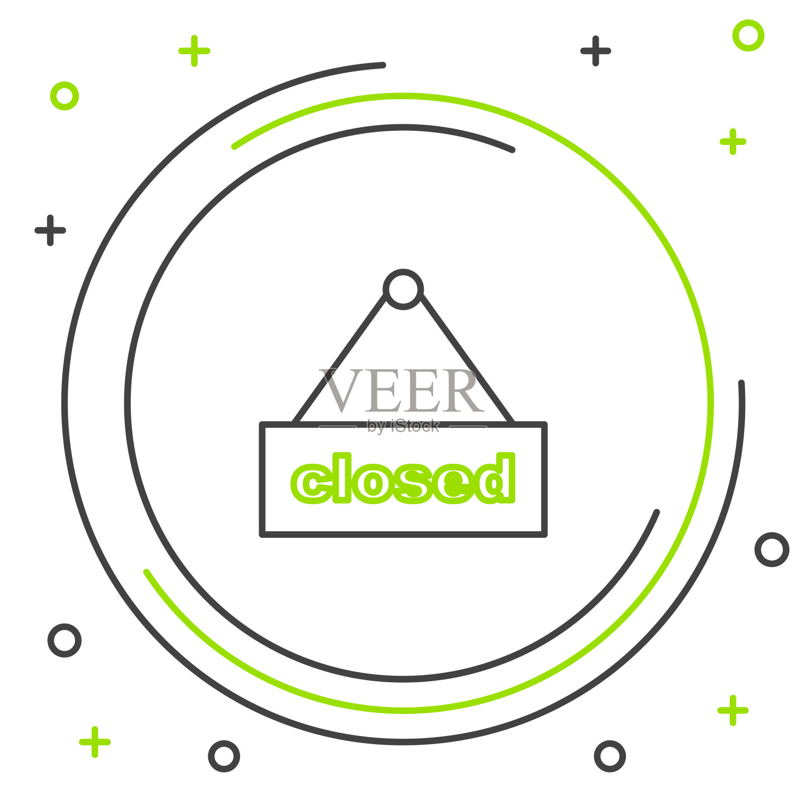 黑色和绿色线悬挂标志与文本关闭图标隔离在白色背景。商务主题的咖啡馆或餐厅。彩色轮廓概念。矢量图插画图片素材