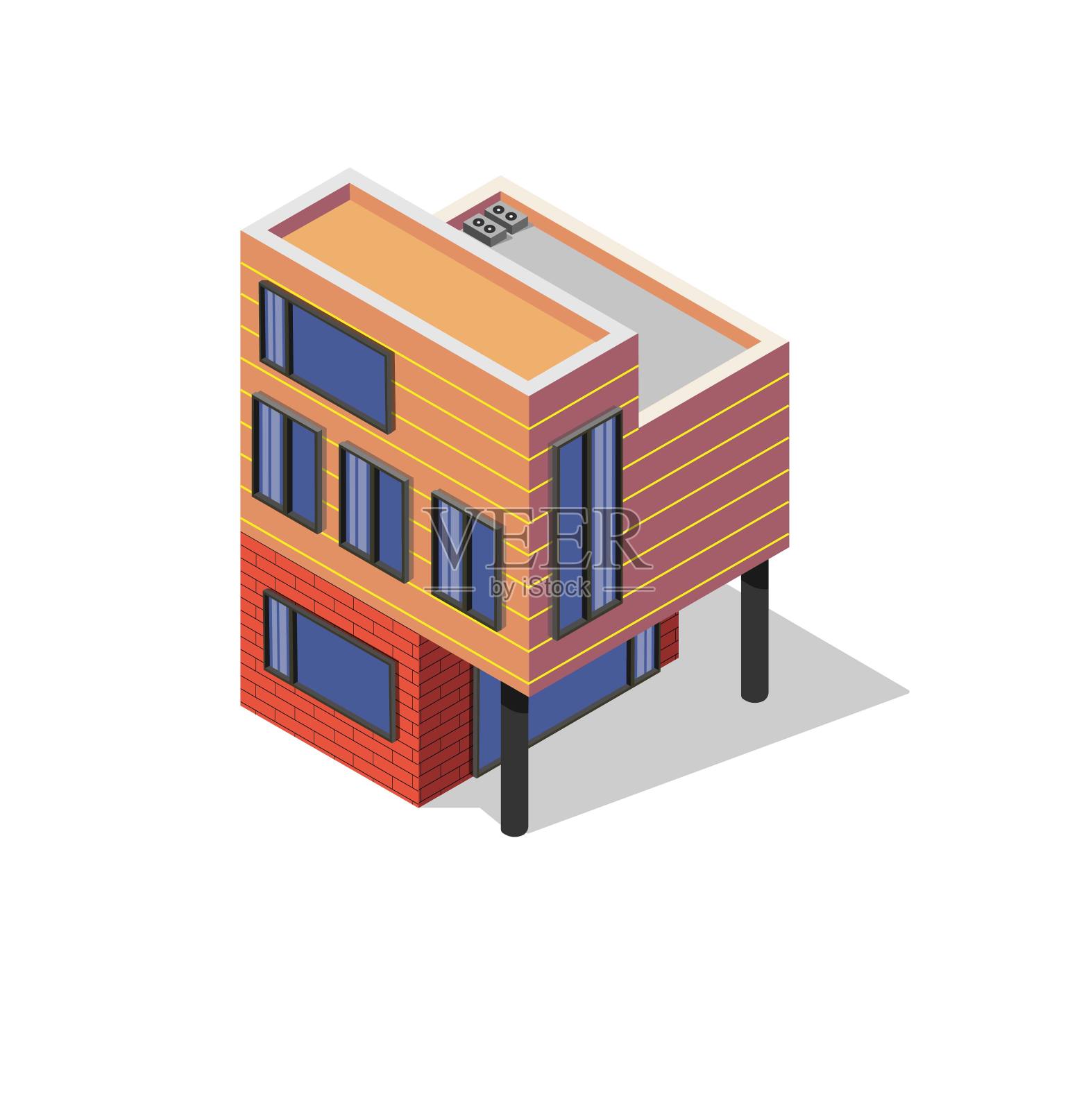 橙色的房子是现代风格的,等距的。大都市。体系结构插画图片素材