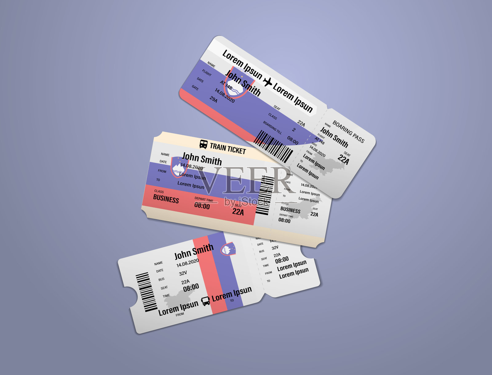 斯洛文尼亚航空公司、公共汽车和火车旅行登机牌的现代设计。三张斯洛文尼亚的球票,涂上国旗的颜色。矢量图分离插画图片素材