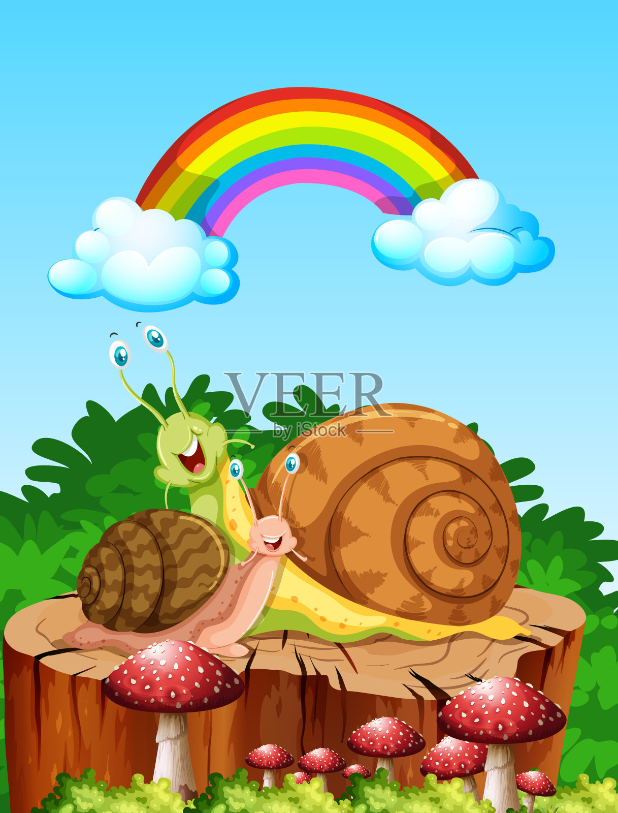 两只蜗牛住在花园里,白天有彩虹的景象插画图片素材