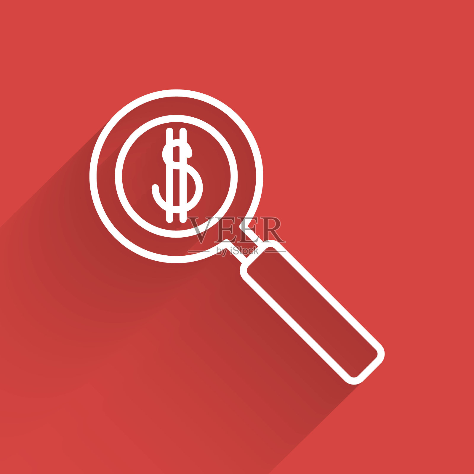 白线放大镜和美元符号图标孤立与长阴影。找到钱。寻找钱。矢量图插画图片素材