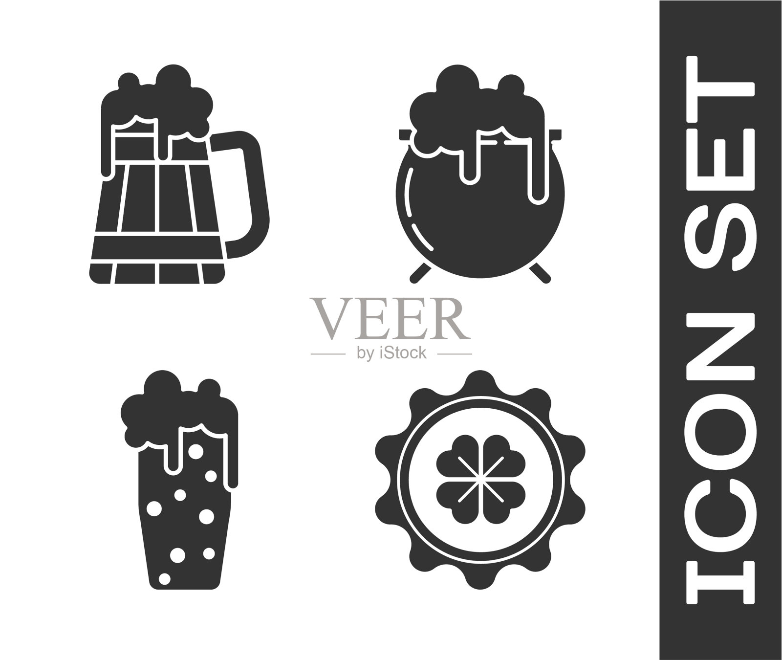 瓶盖与四叶三叶草木制啤酒图标素材