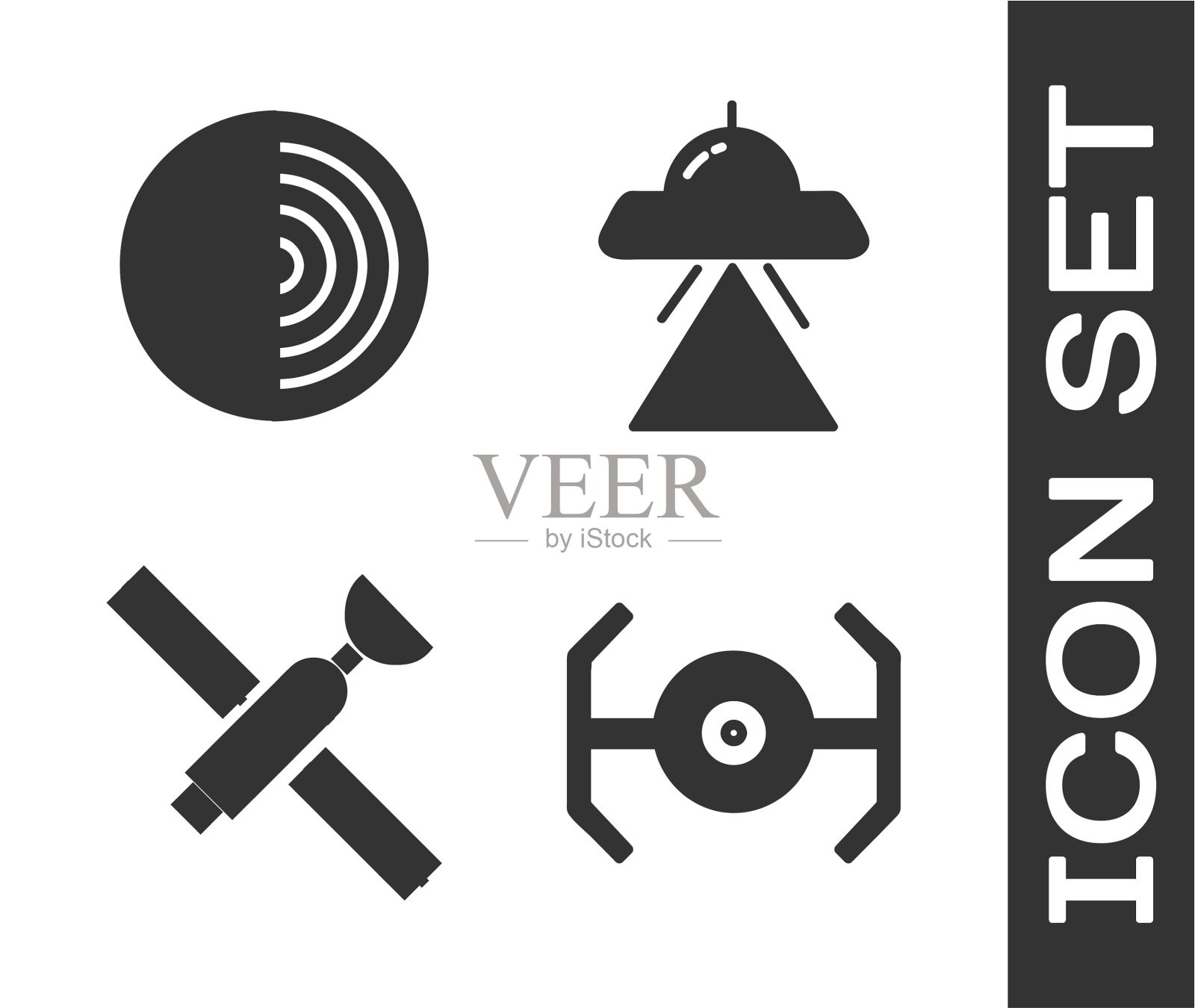 设置宇宙飞船地球结构卫星和图标素材