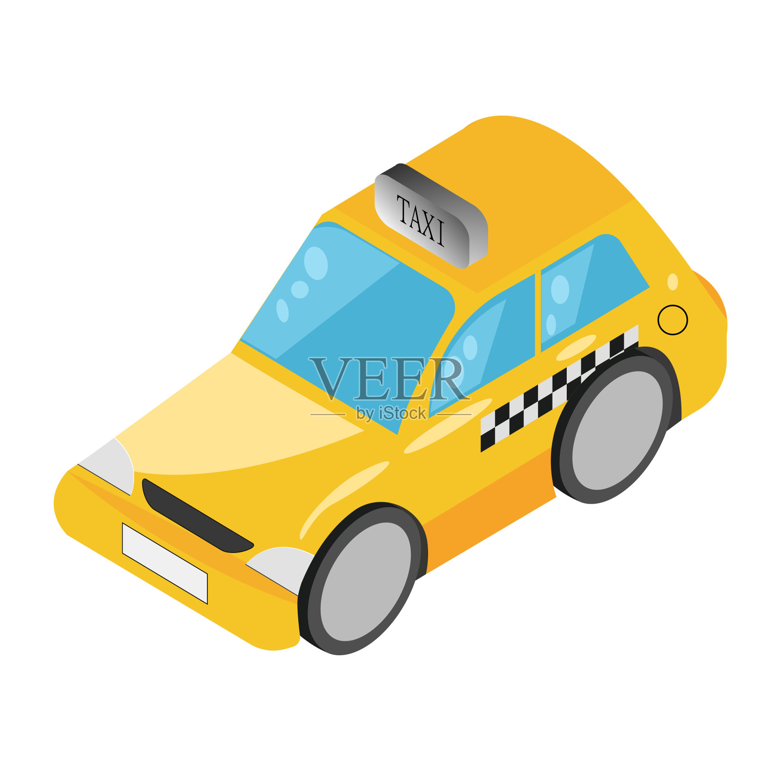 卡通风格的黄色出租车。出租车图标。股票矢量插图孤立在白色背景上。插画图片素材