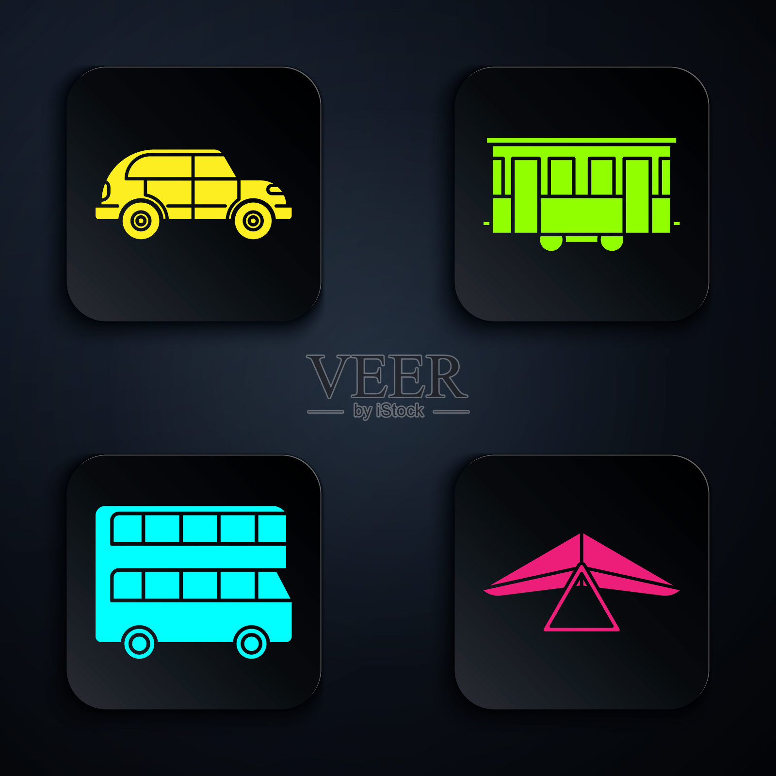 集悬挂式滑翔机、掀背车、双层巴士、老城有轨电车。黑色方形按钮。向量图标素材