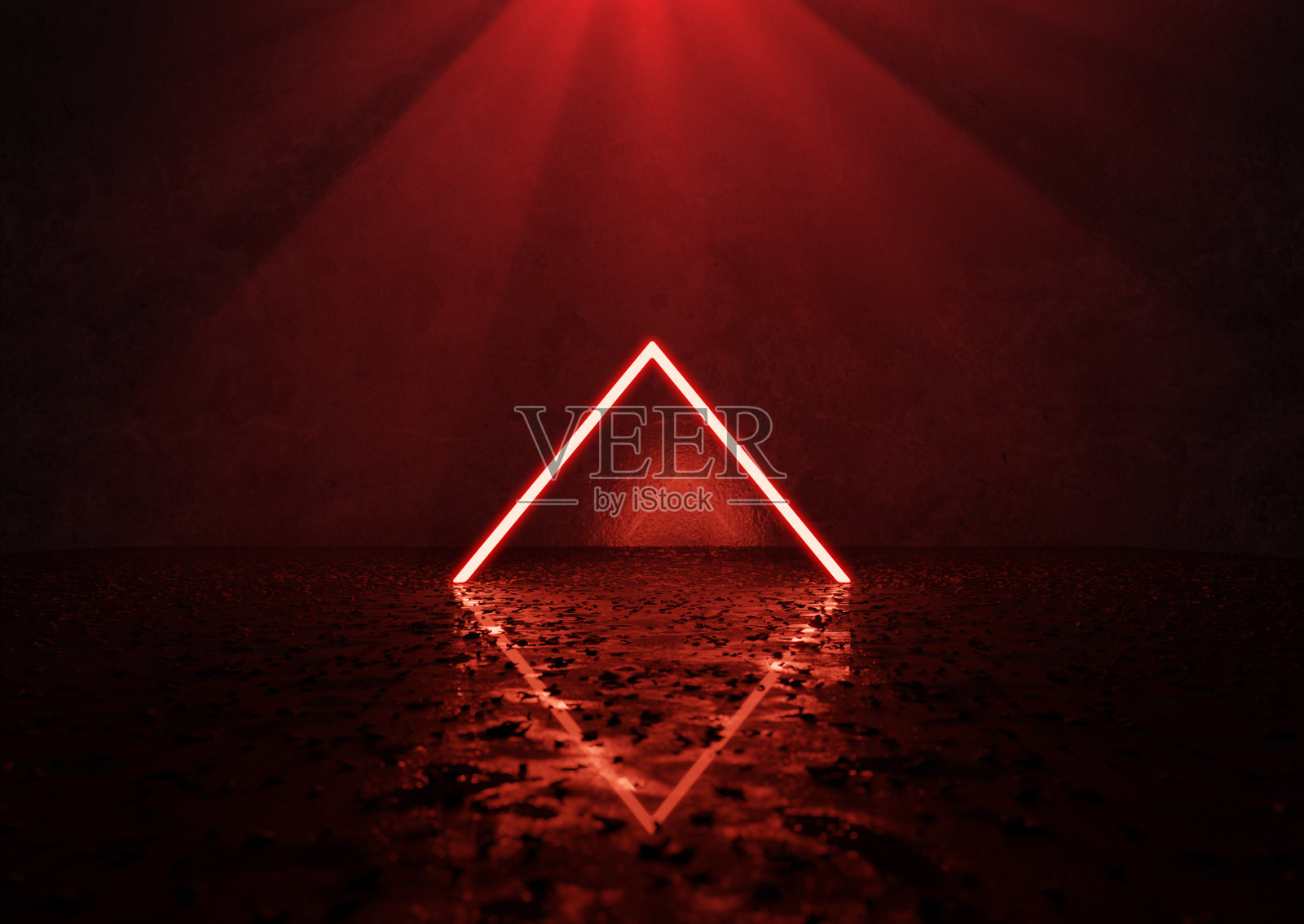 在潮湿的垃圾地板上的红色减轻三角形形状的3d渲染照片摄影图片
