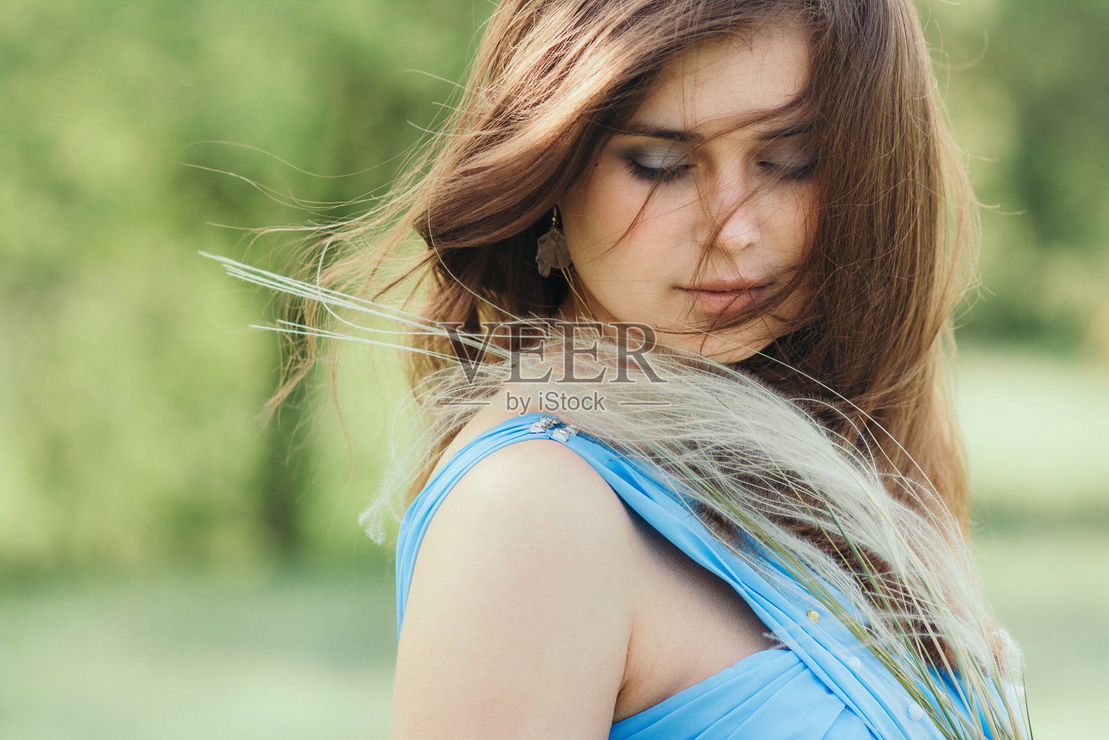 美丽浪漫的女孩手捧蓬松的羽毛草,年轻优雅的女子脸,穿着蓝色长裙的新娘照片摄影图片