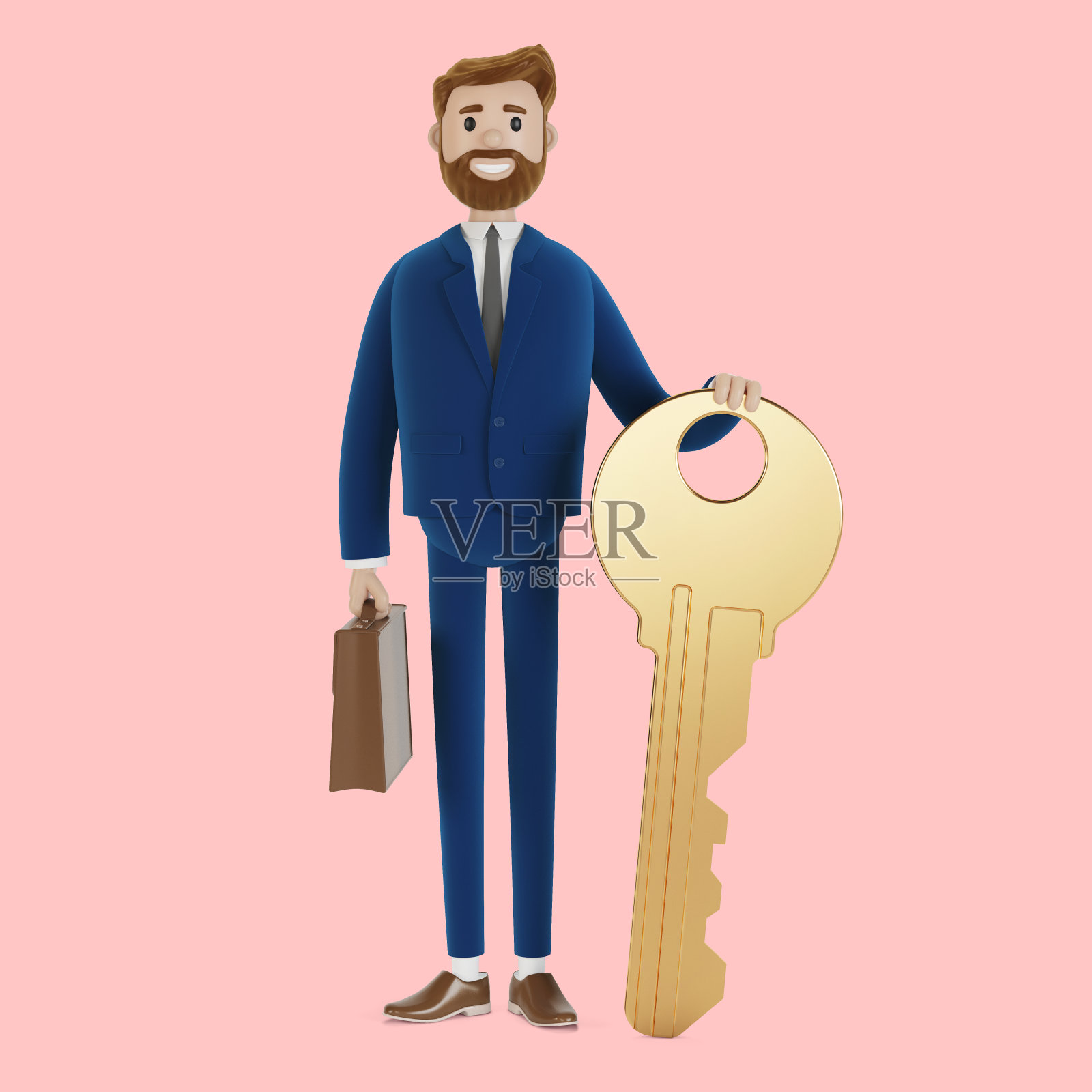 商人拿着一把金钥匙。3 d演示。照片摄影图片