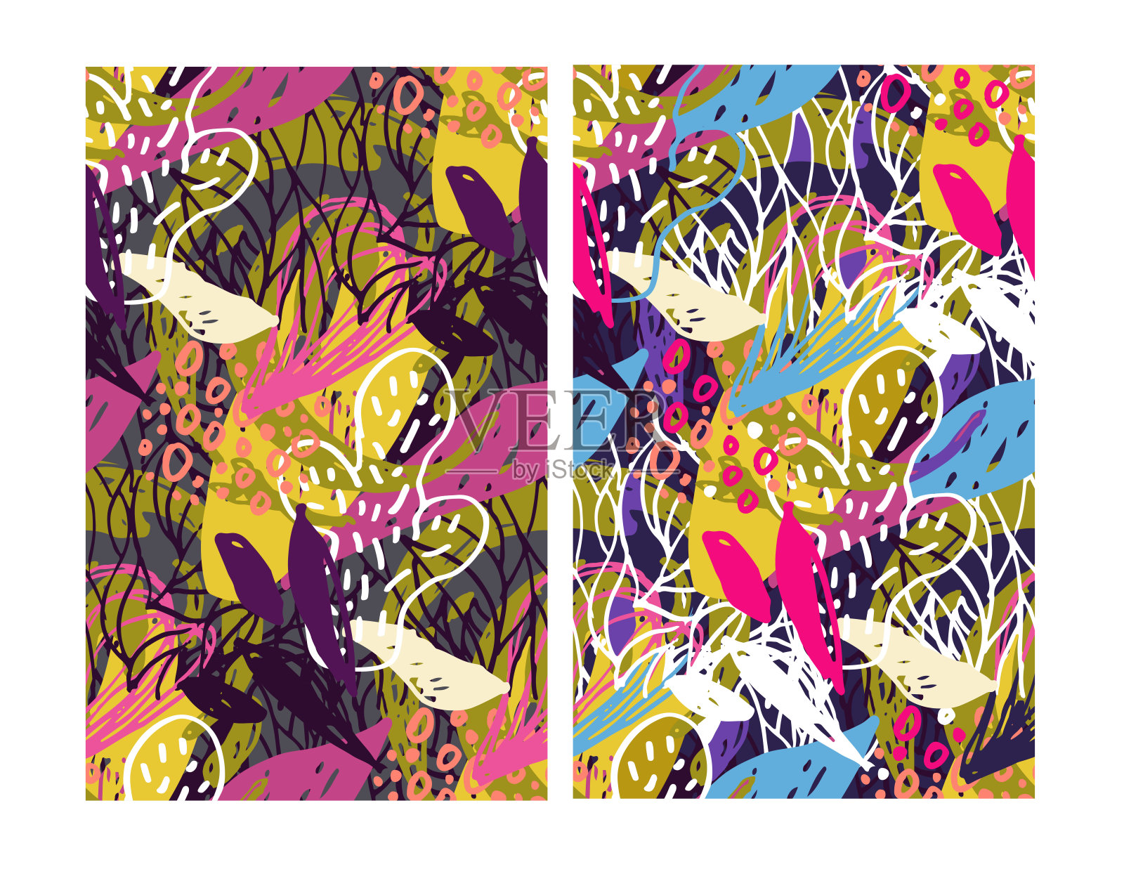 抽象手绘涂鸦模板设计元素。抽象飞溅横幅集。图案背景艺术。插画图片素材