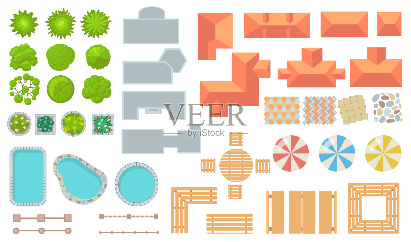 俯视图公园和城市元素平面图标设置插画图片素材