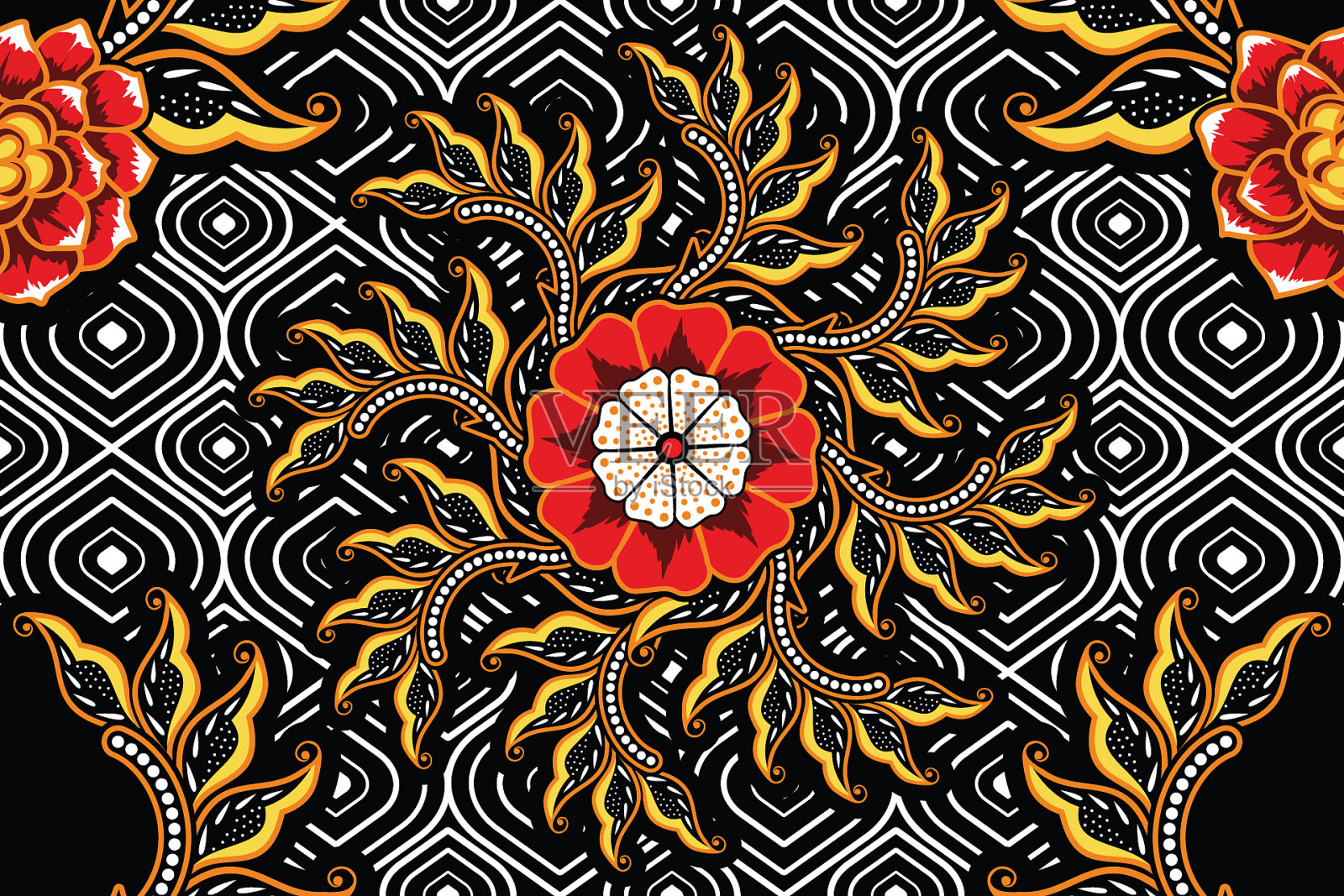 无缝图案与花卉热带蜡染插画图片素材