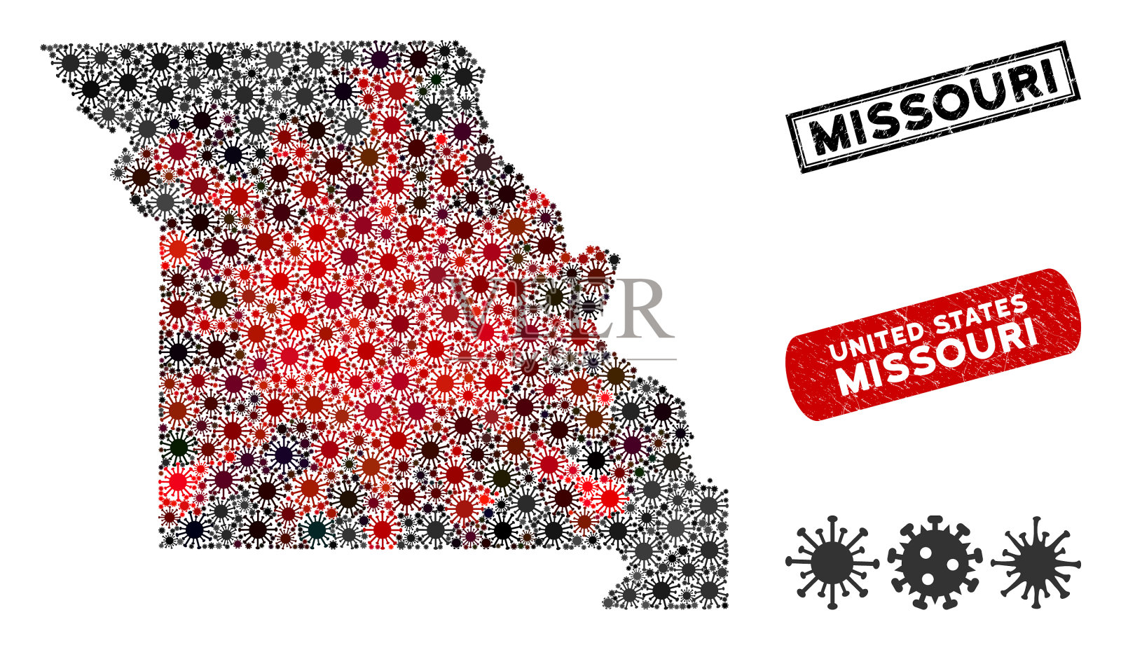 冠状病毒拼贴密苏里州地图插画图片素材