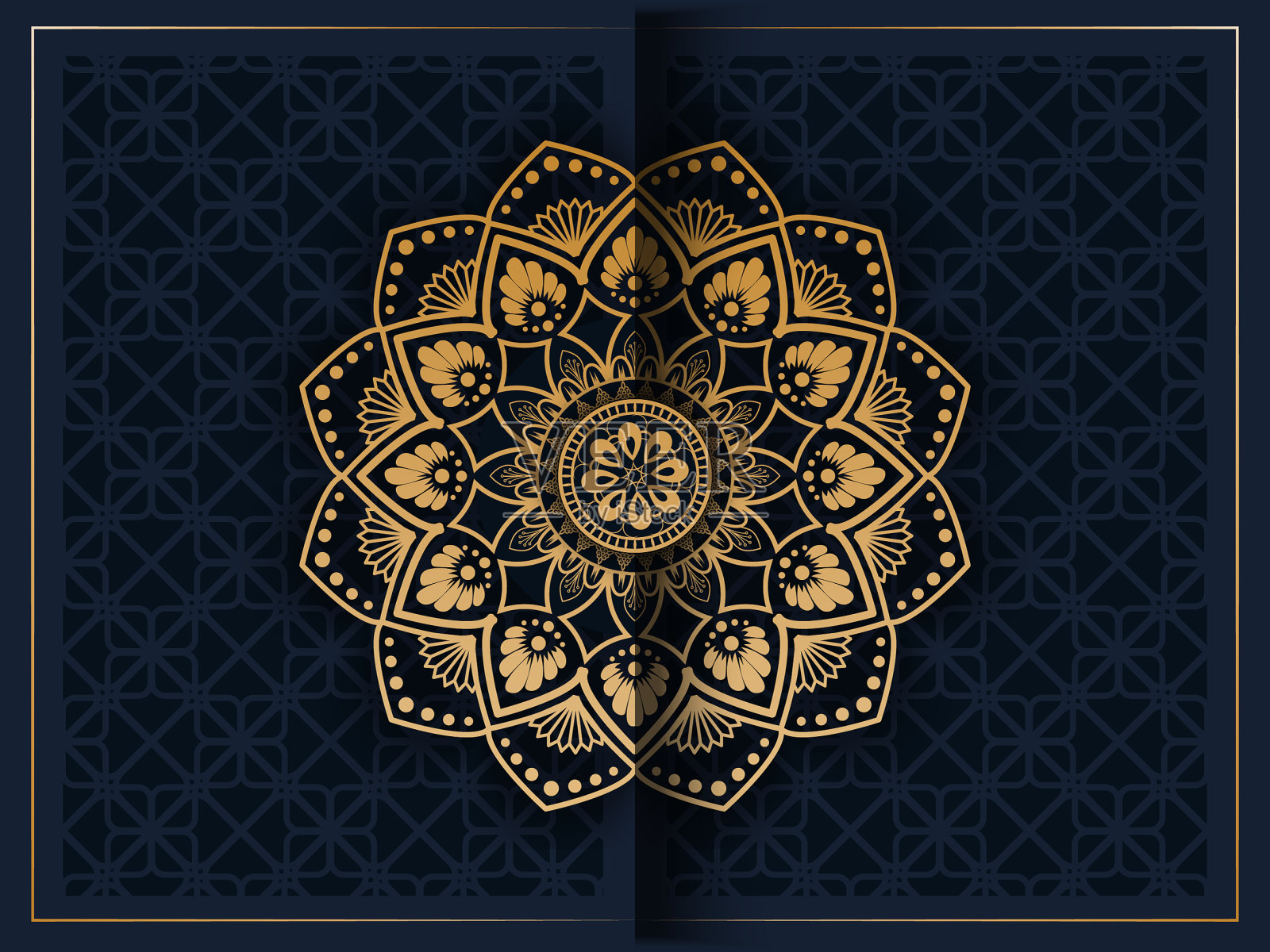 图案与金色装饰曼荼罗在海军蓝插画图片素材