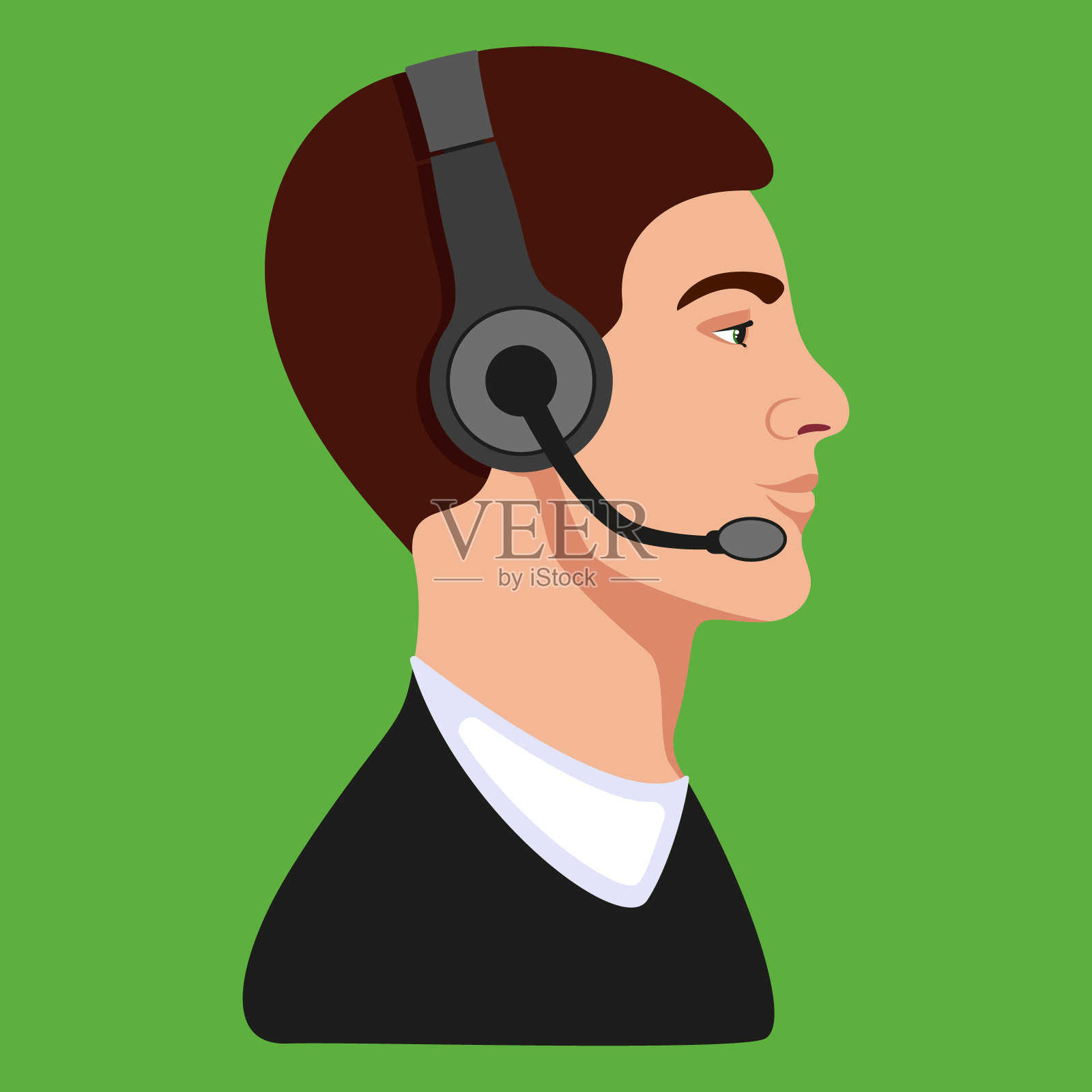 帅哥呼叫中心接线员简介。电话谈工作。在线客户支持服务。绿色背景。插画图片素材