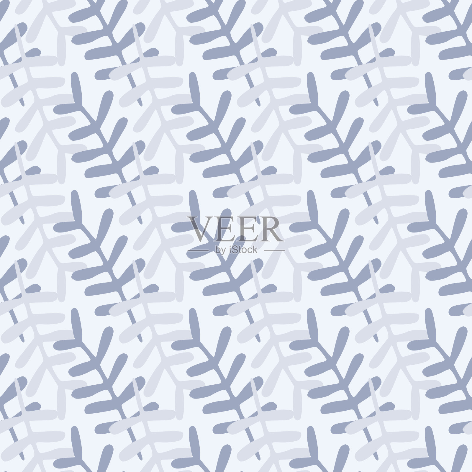 枝头装饰天衣无缝朴素图案。植物元素上的蓝色柔和色调的光背景。简单的背景。插画图片素材