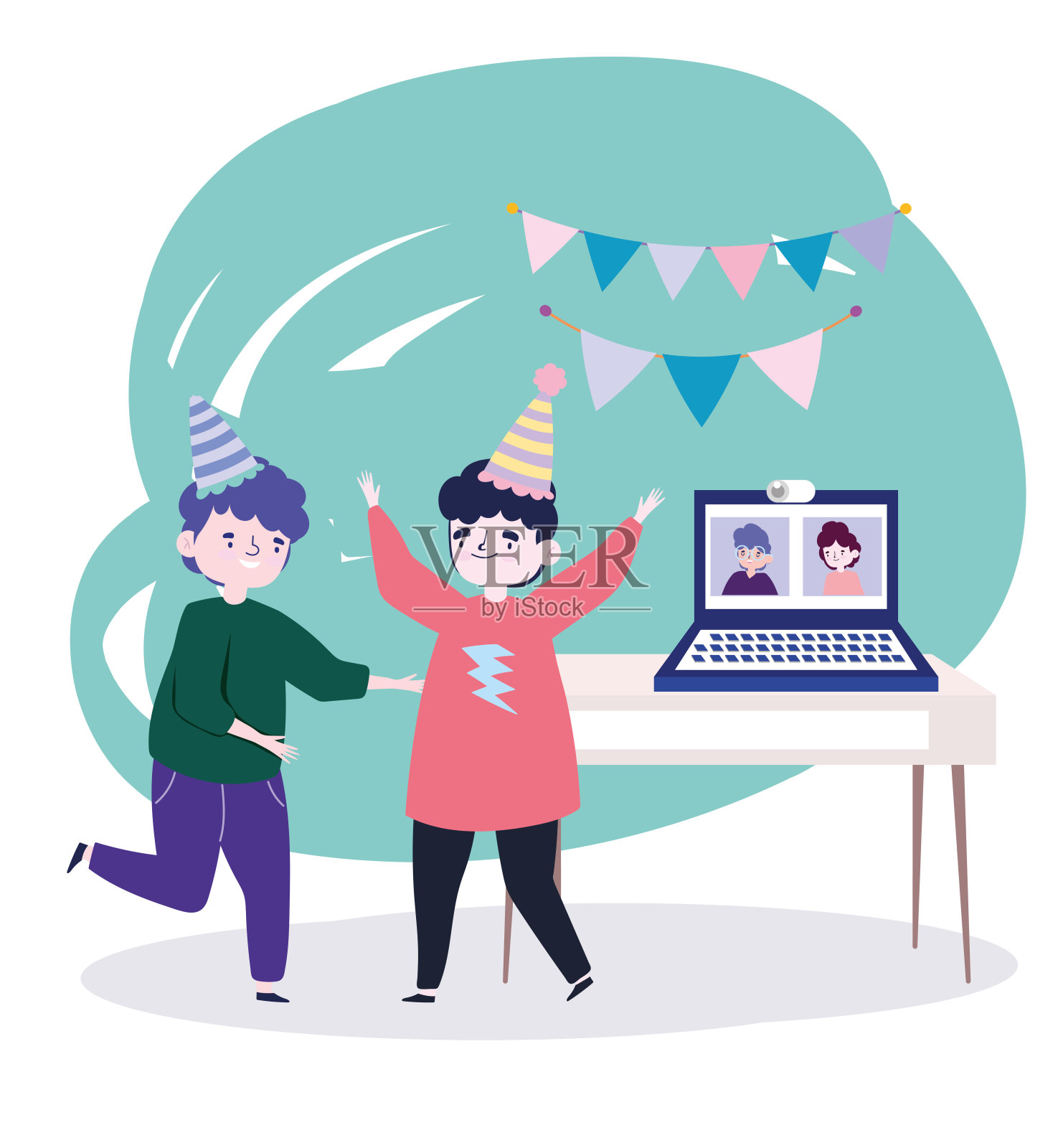 网上聚会,与朋友见面,戴着帽子的年轻人和用笔记本电脑连接的人庆祝插画图片素材