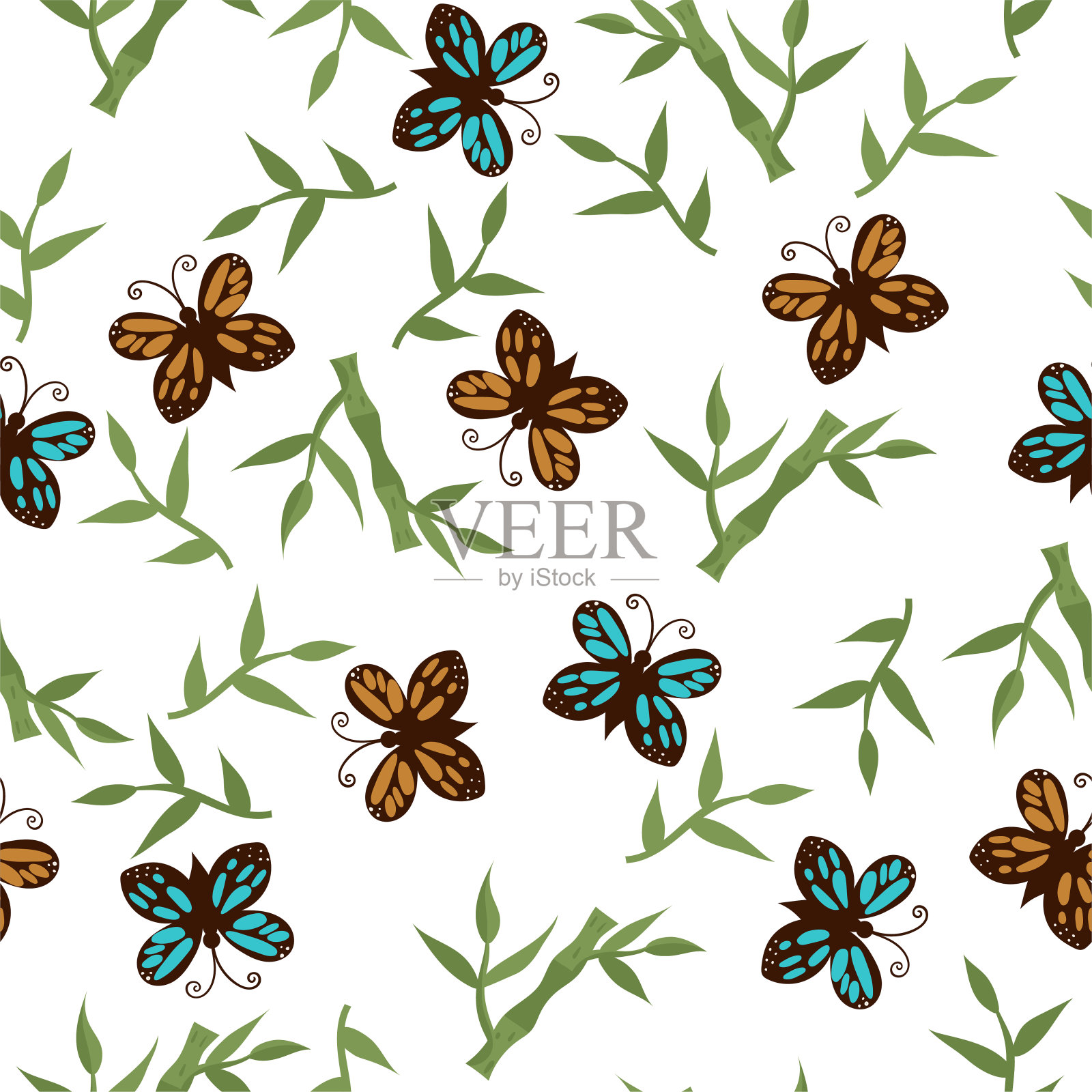 无缝图案与蝴蝶和竹子在白色的背景。矢量图形插画图片素材