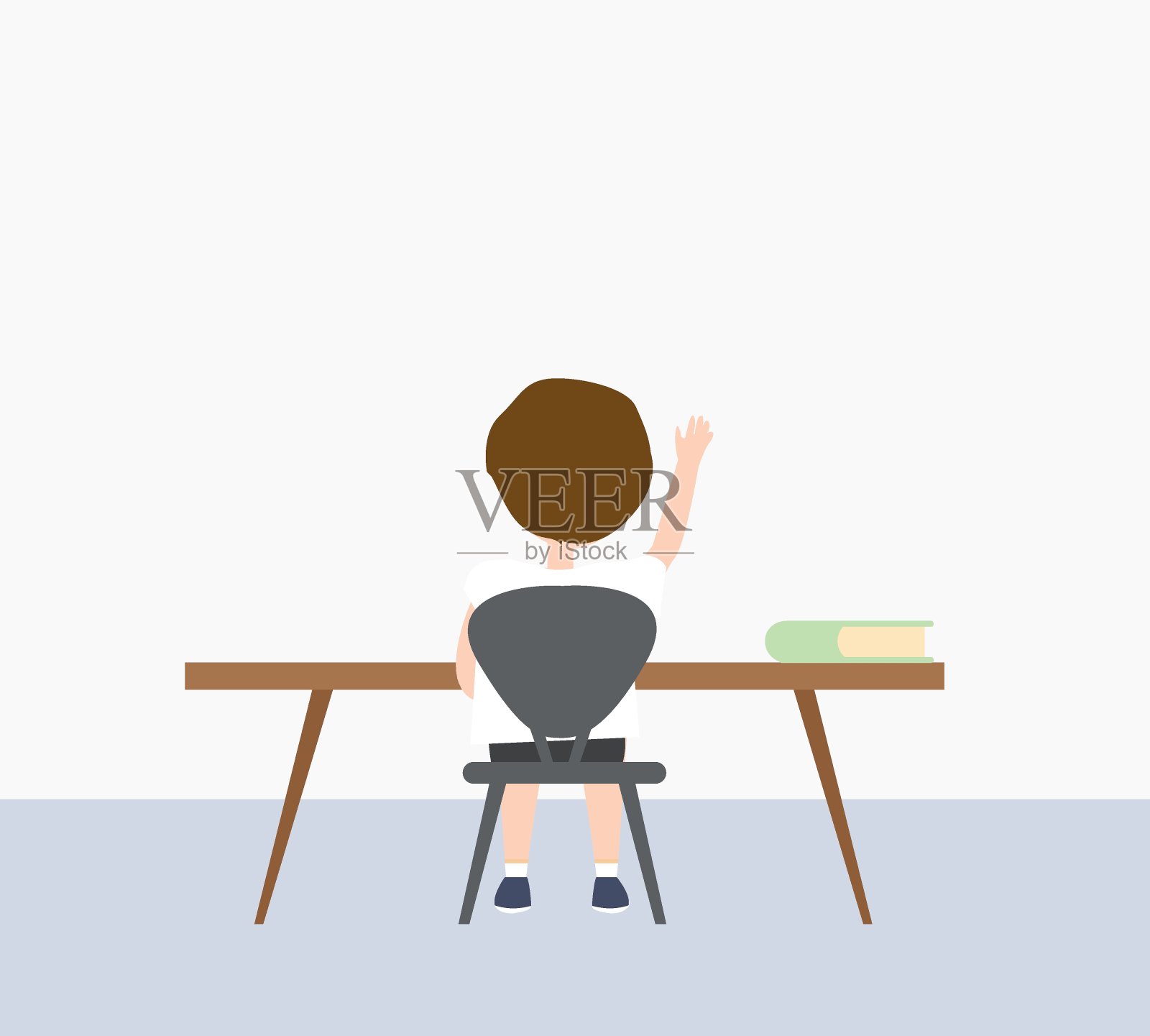 向量可爱快乐的小男生坐在书桌上,手向上。插画图片素材