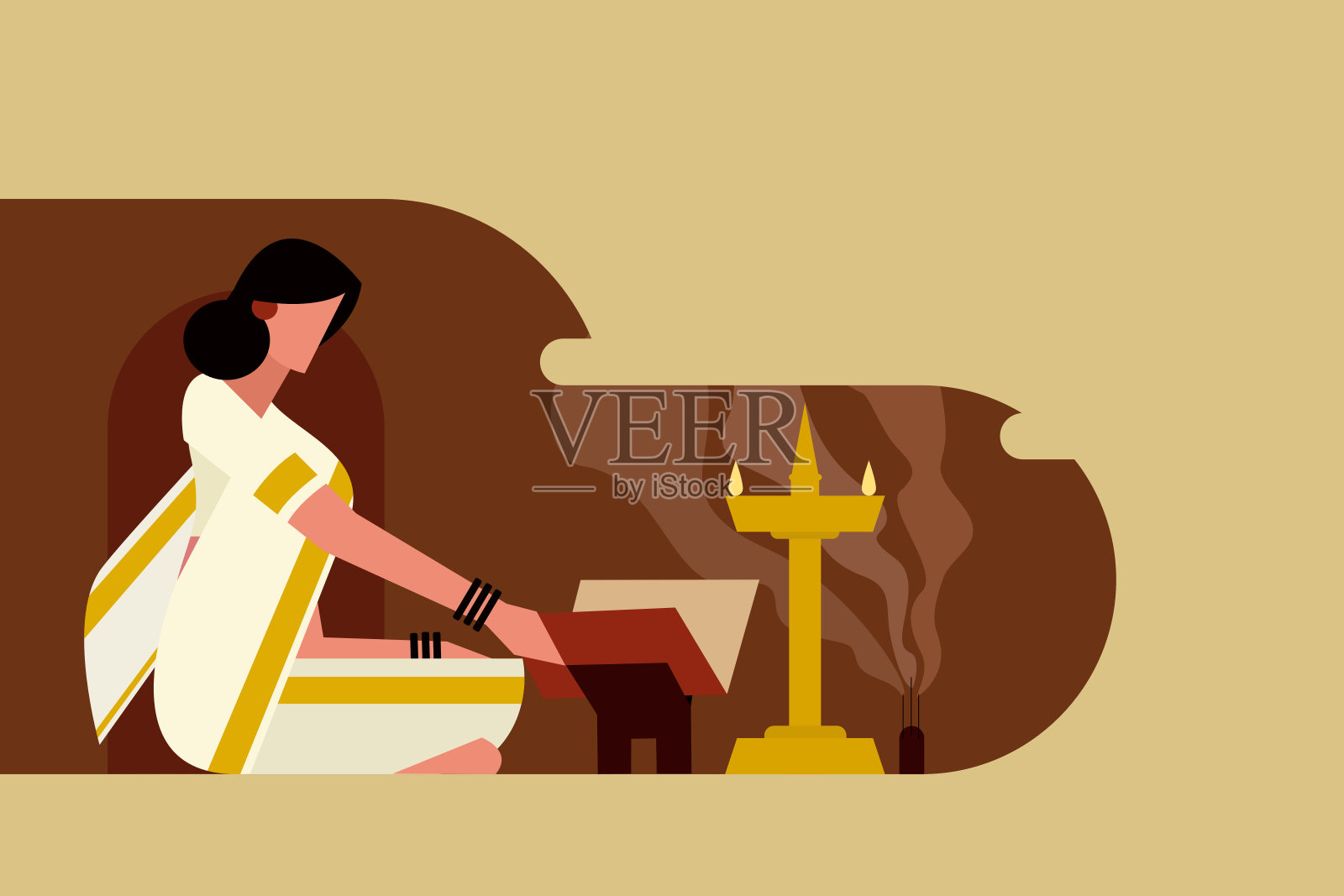 传统服饰女人阅读印度教宗教文本《罗摩衍那》插画插画图片素材