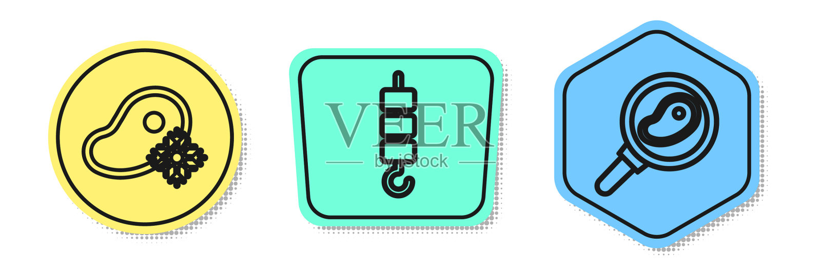 设置线新鲜冷冻牛排肉烤小虾图标素材