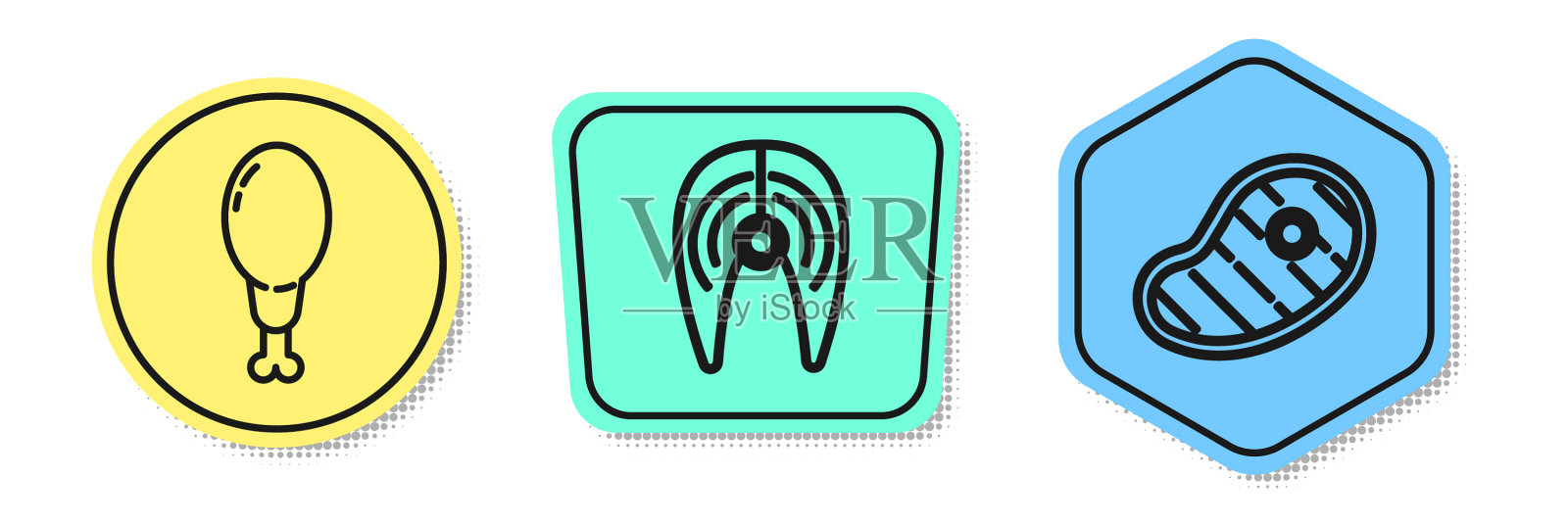 定线鸡腿鱼排和牛排肉图标素材