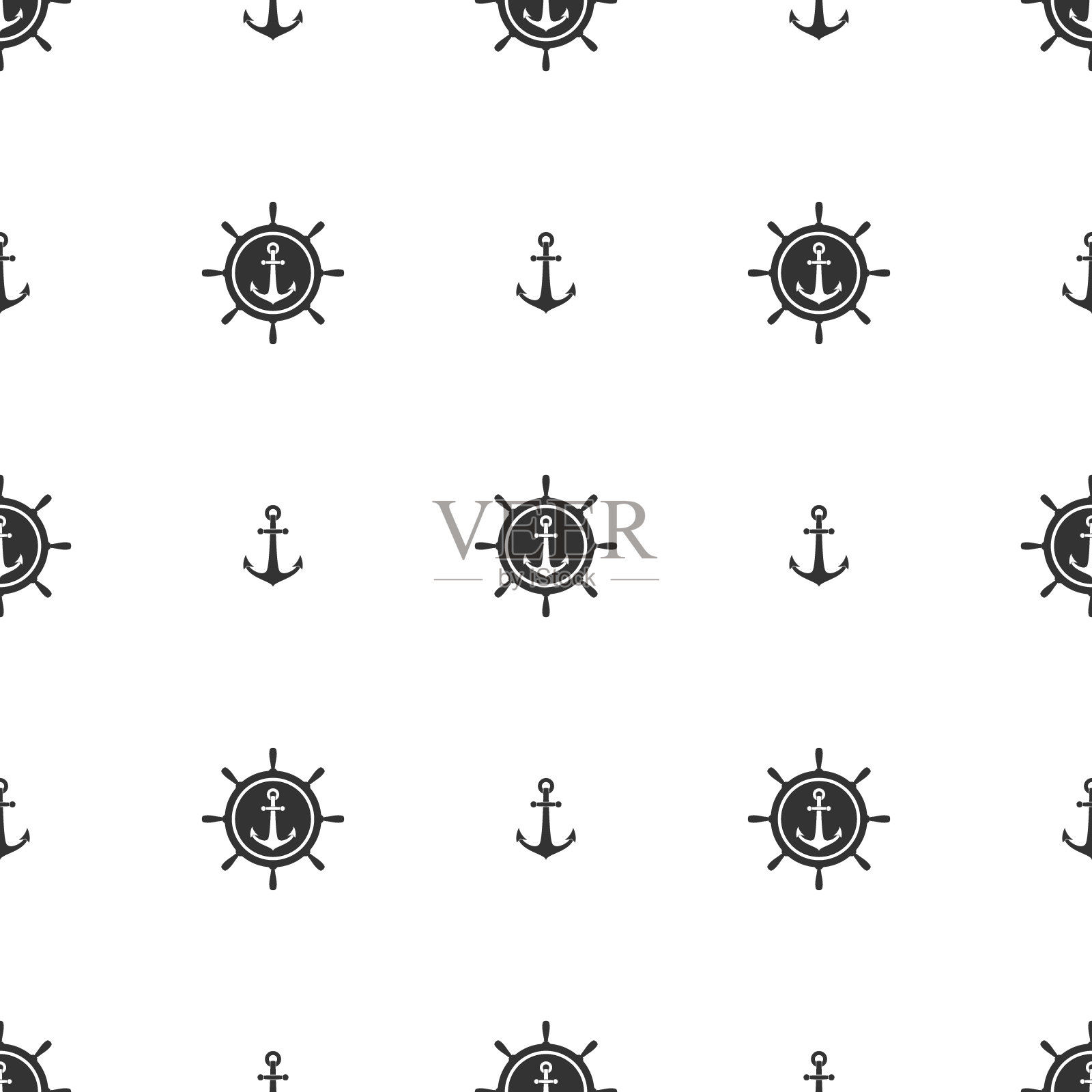 航海无缝模式与黑色锚在白色。船和船的风格装饰。插画图片素材