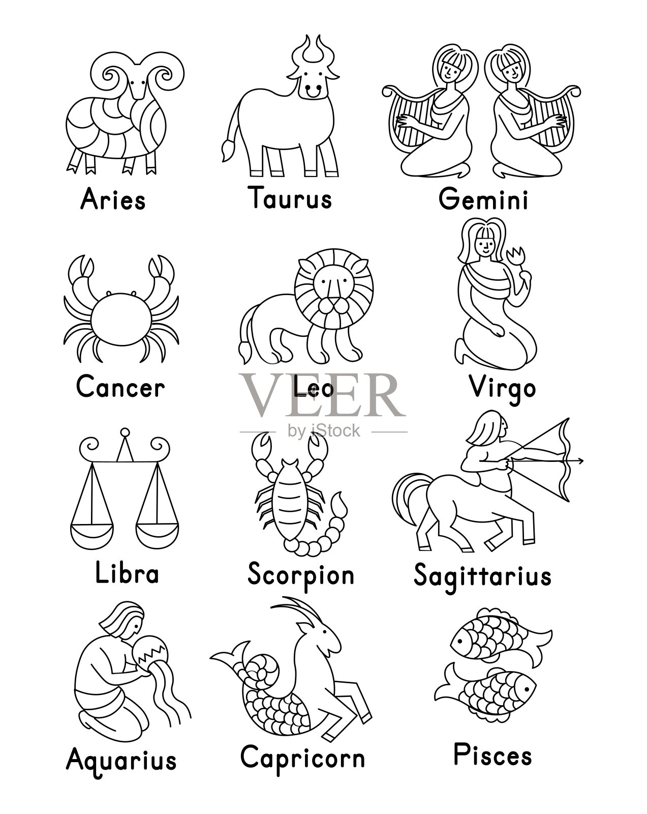 一套生肖标志图标。白羊座、金牛座、双子座、巨蟹座、狮子座、处女座、天秤座、天蝎座、射手座、水瓶座、摩羯座、双鱼座。矢量插图在卡通线风格。插画图片素材
