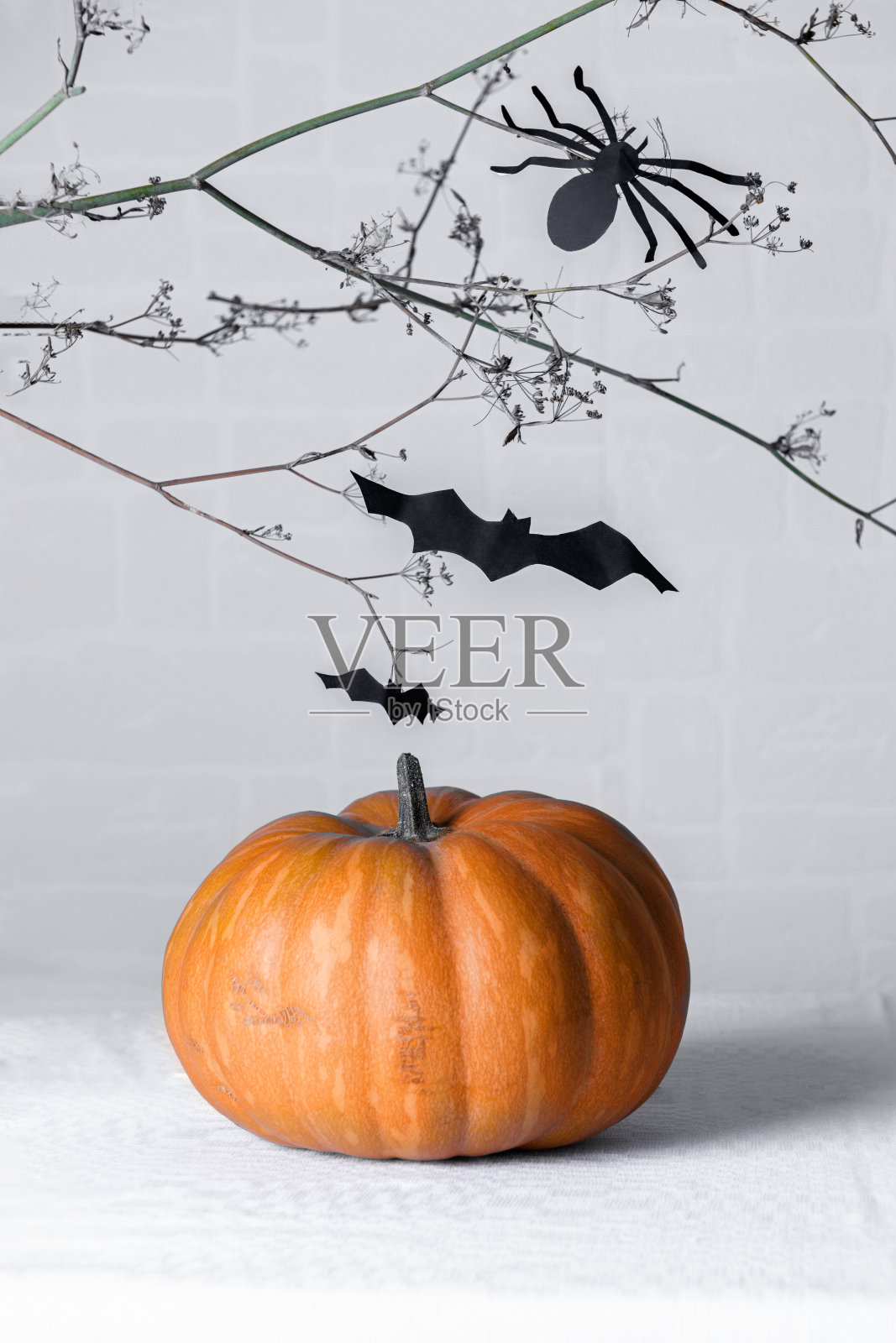 万圣节南瓜和一个可怕的早午餐,以蝙蝠和蜘蛛的纸剪影为背景,DIY照片摄影图片