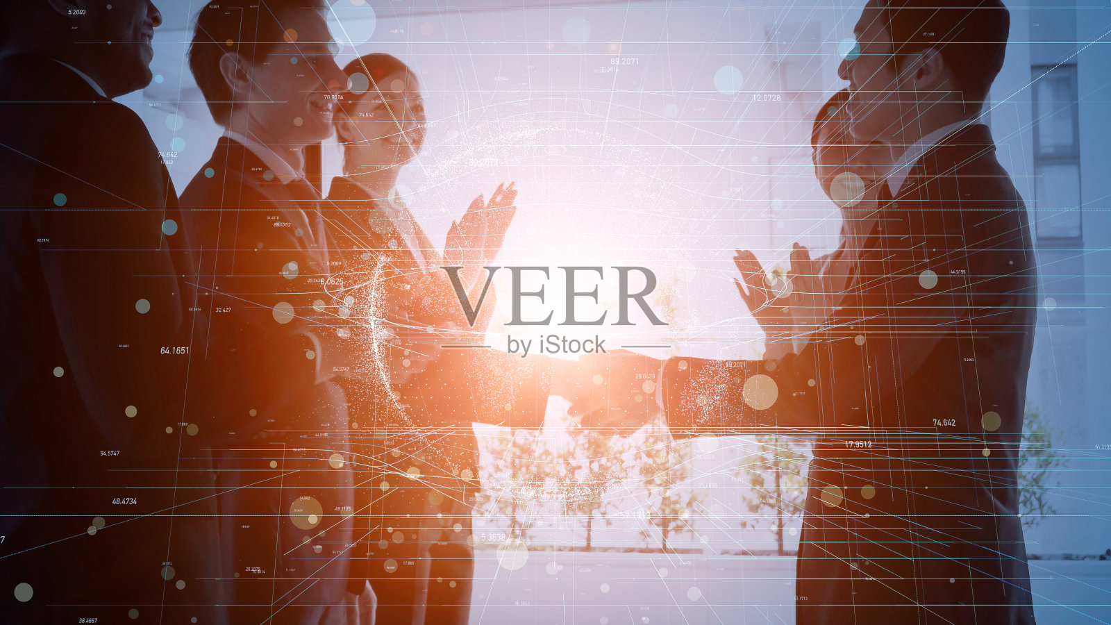 全球通信网络概念。全球业务。一群商人在握手。照片摄影图片