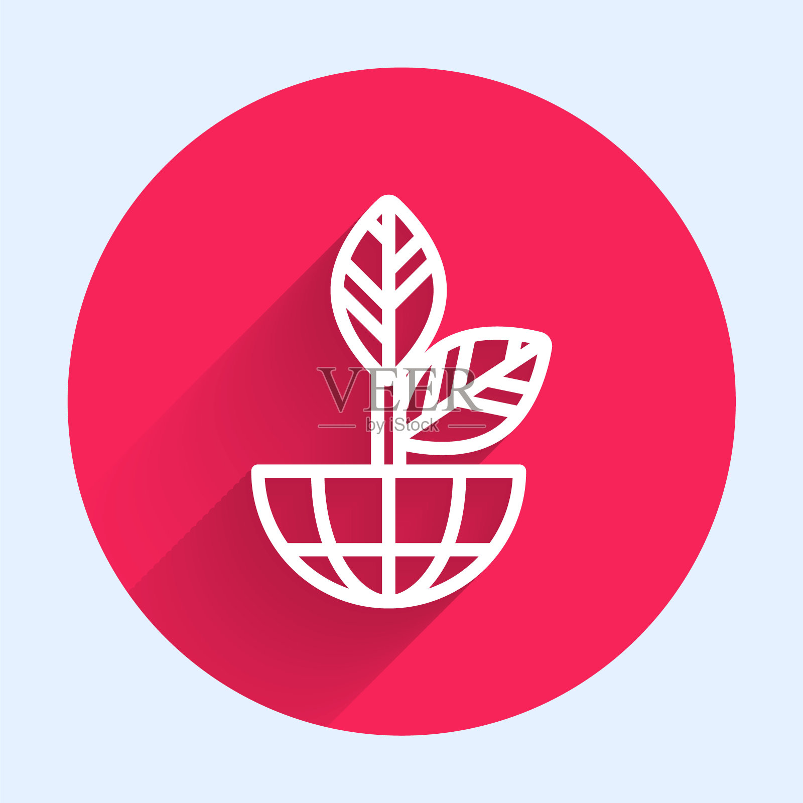 白色线地球地球仪和植物图标孤立与长影子。世界或土相星座。几何形状。环境的概念。红色圆圈按钮。矢量图插画图片素材