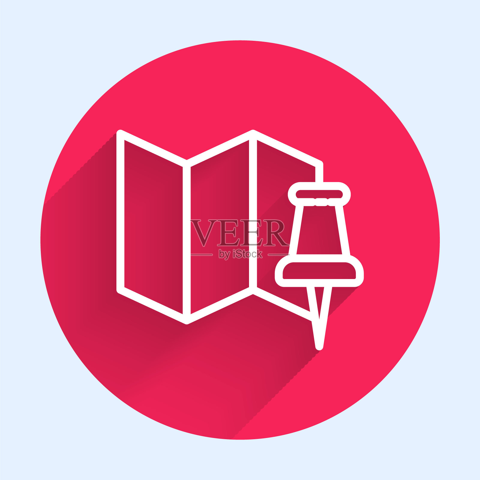 白线折叠地图与推销图标隔离与长阴影。红色圆圈按钮。矢量图插画图片素材