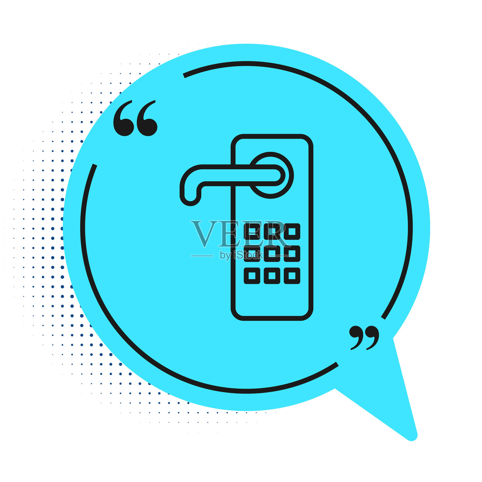 黑线数字门锁与无线技术解锁图标隔离在白色背景。门把手的迹象。安全智能家居。蓝色语音气泡符号。矢量图插画图片素材