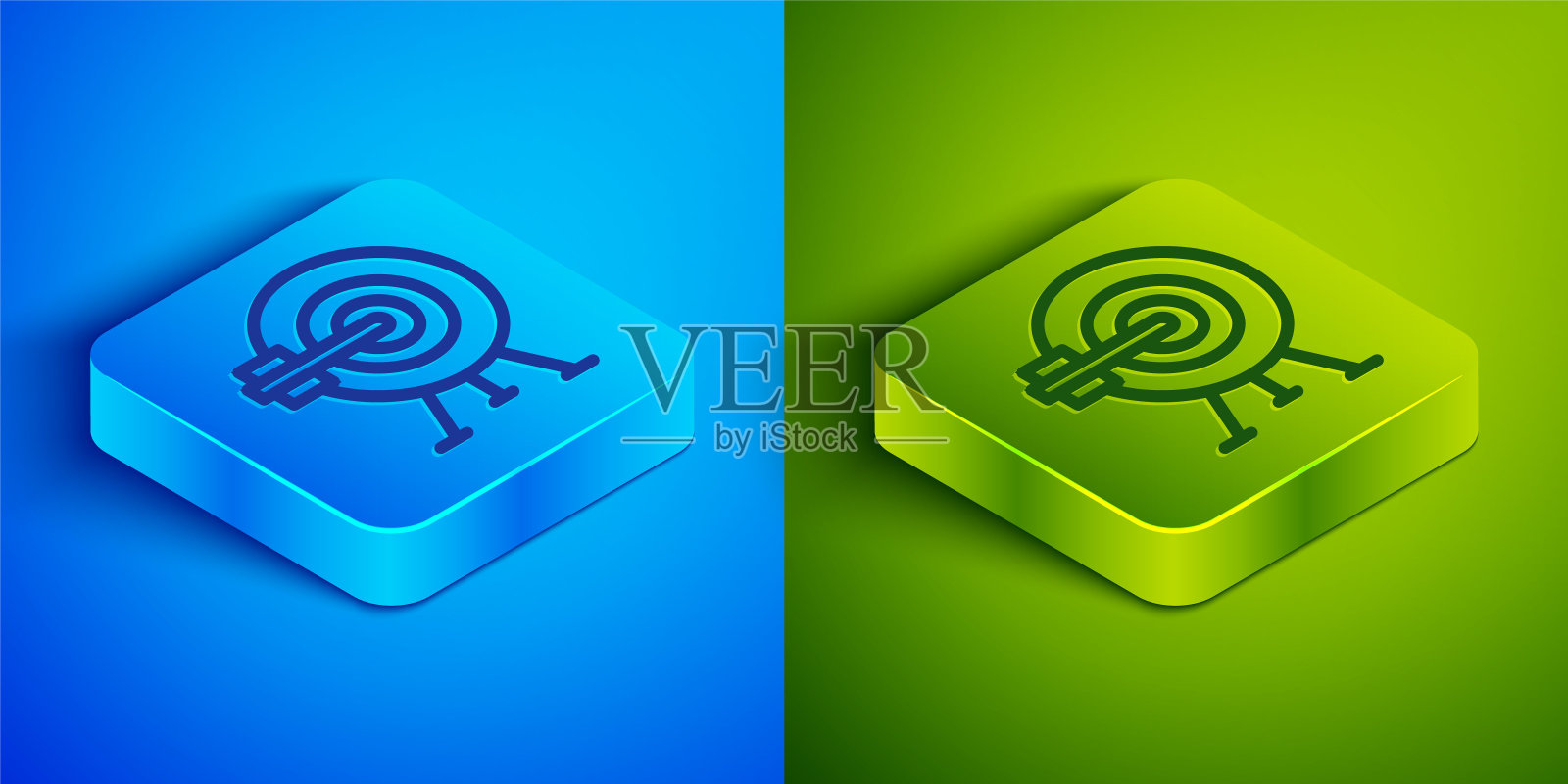 等距线目标与箭头图标隔离在蓝色和绿色背景。飞镖靶信号。射箭板图标。圆靶信号。业务目标的概念。方形按钮。向量图标素材