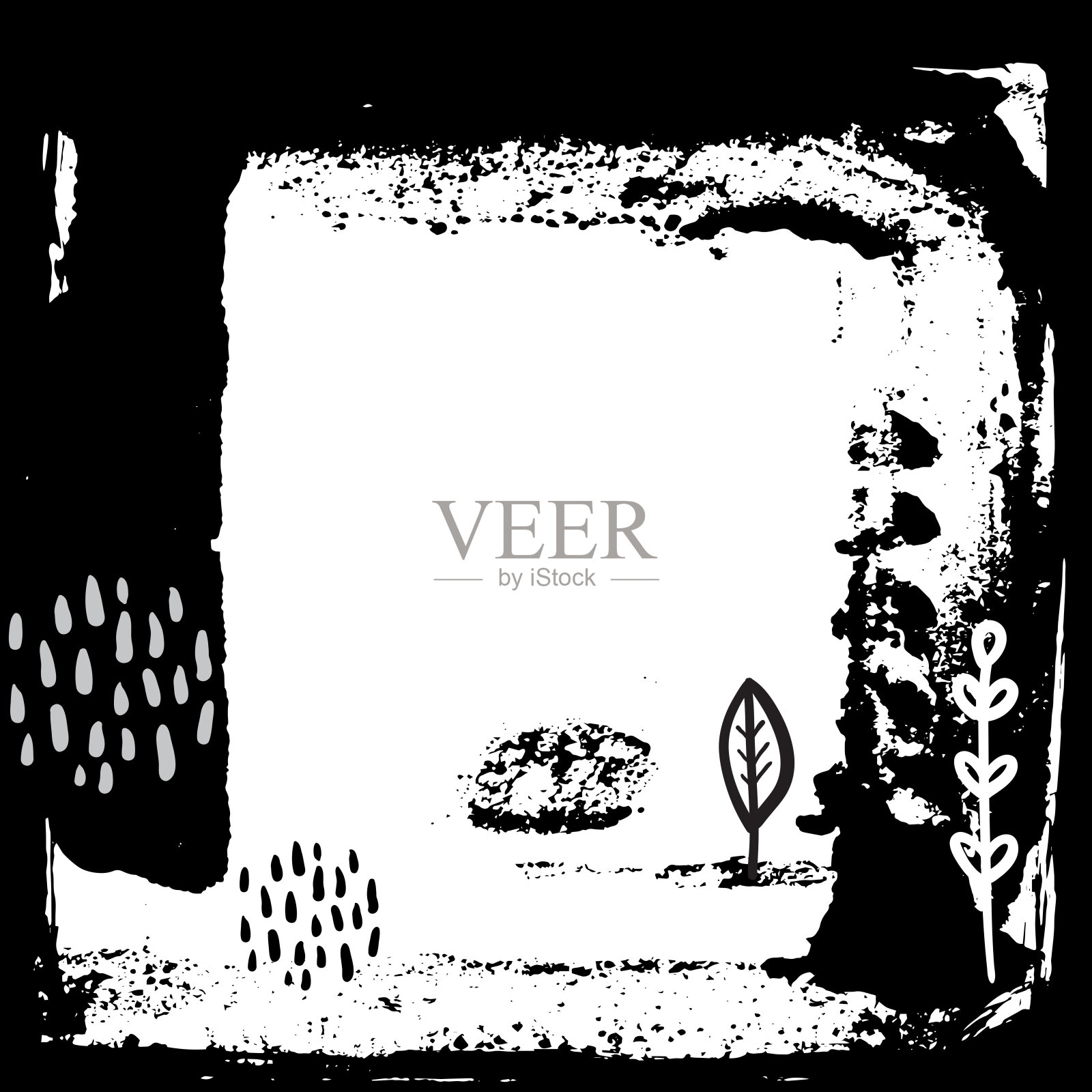 卡片横幅设计叶涂鸦斯堪的纳维亚风格白灰黑的背景。简单的点缀是本季的潮流。摘要模板grunge框架为您的文本复制空间。向量插画图片素材