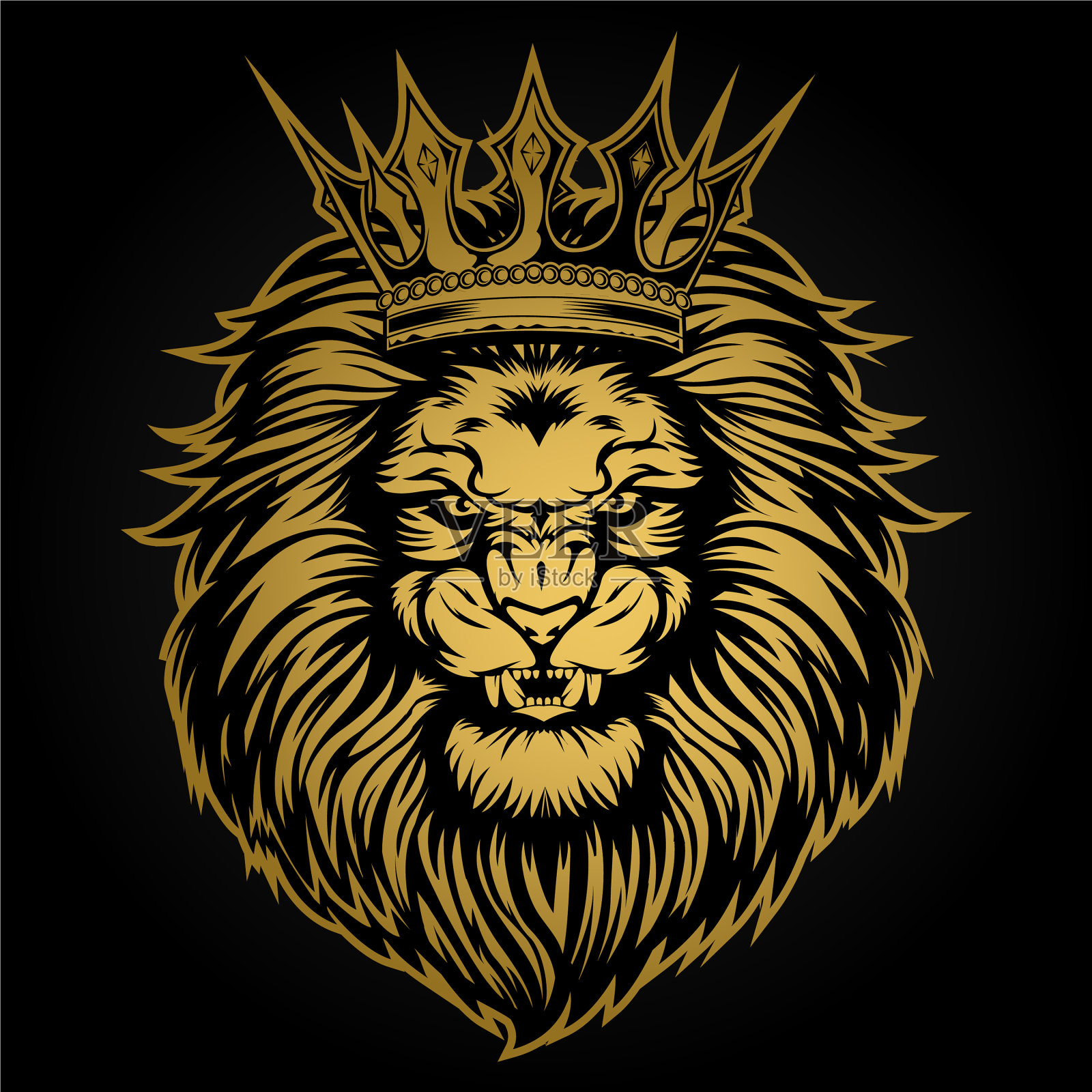 狮子头愤怒的黄金在黑色的背景插画图片素材