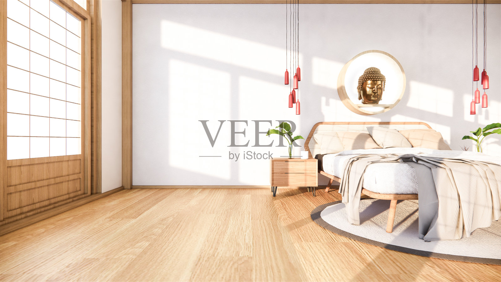 卧室模拟与木床在日本的最小设计。3 d渲染。照片摄影图片