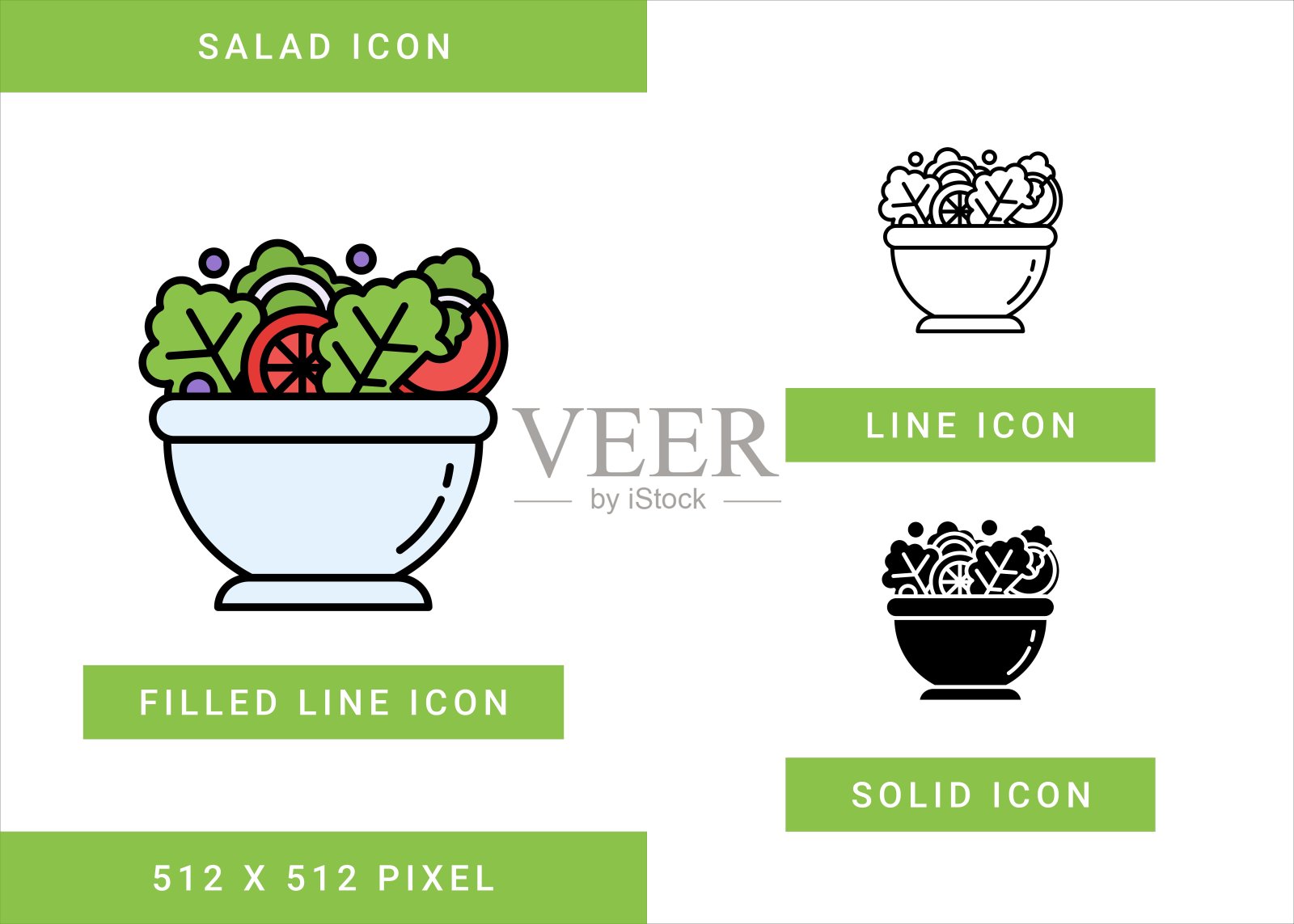 沙拉图标设置矢量插图与固体图标线条风格。健康饮食食品符号概念图标素材