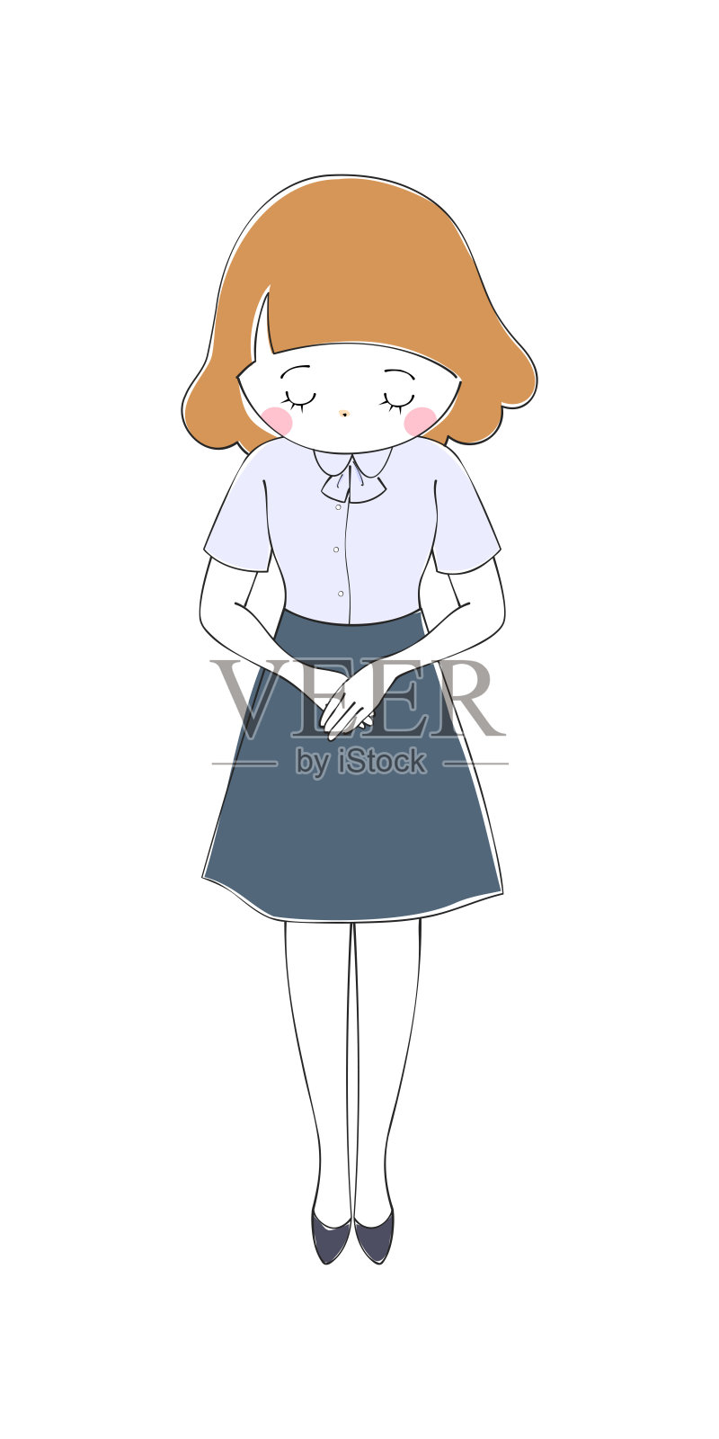 一个年轻女子的全身摆姿势在短袖衬衫和裙子制服插画图片素材