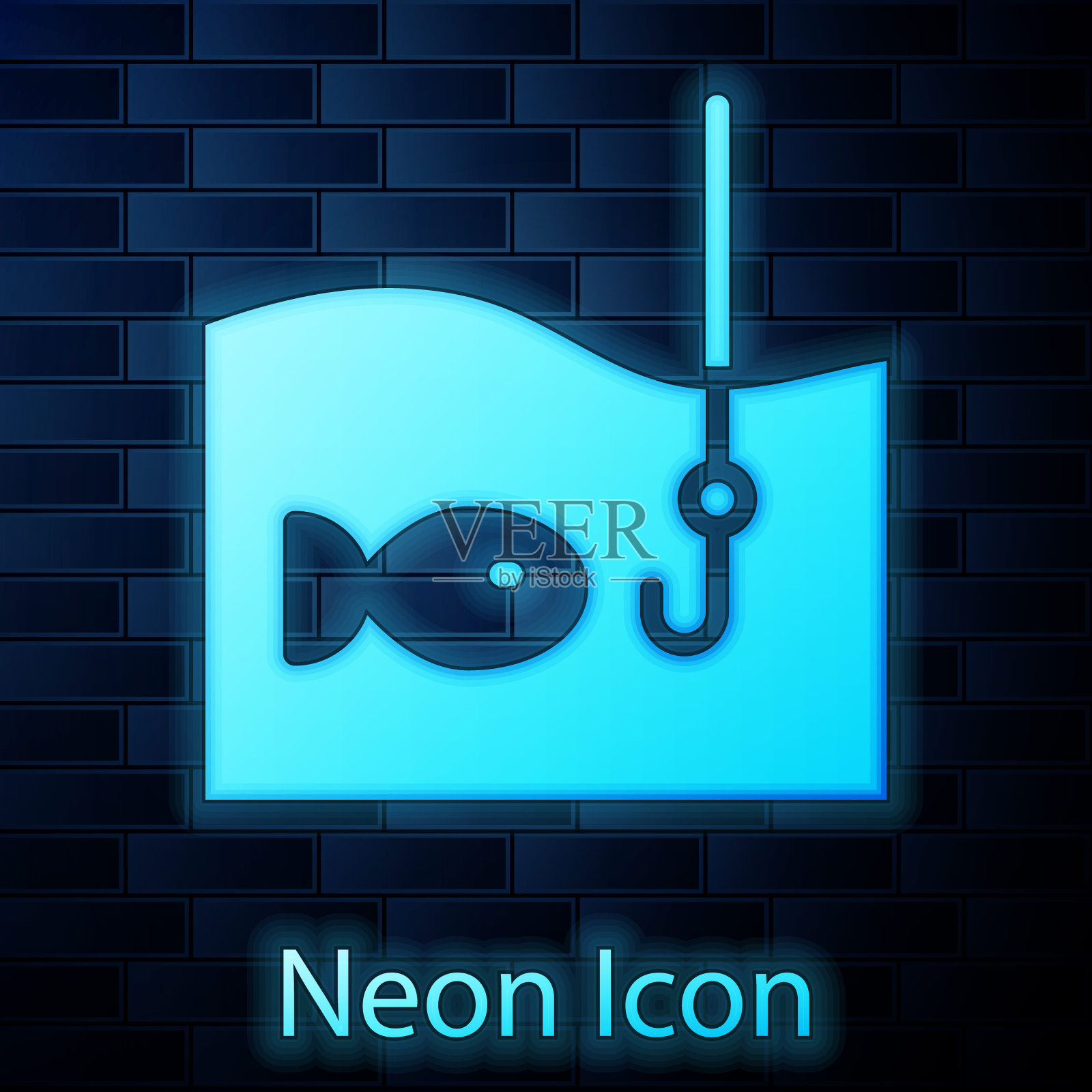 发光的霓虹灯钓鱼钩水下与鱼图标隔离在砖墙背景。渔具。向量图标素材