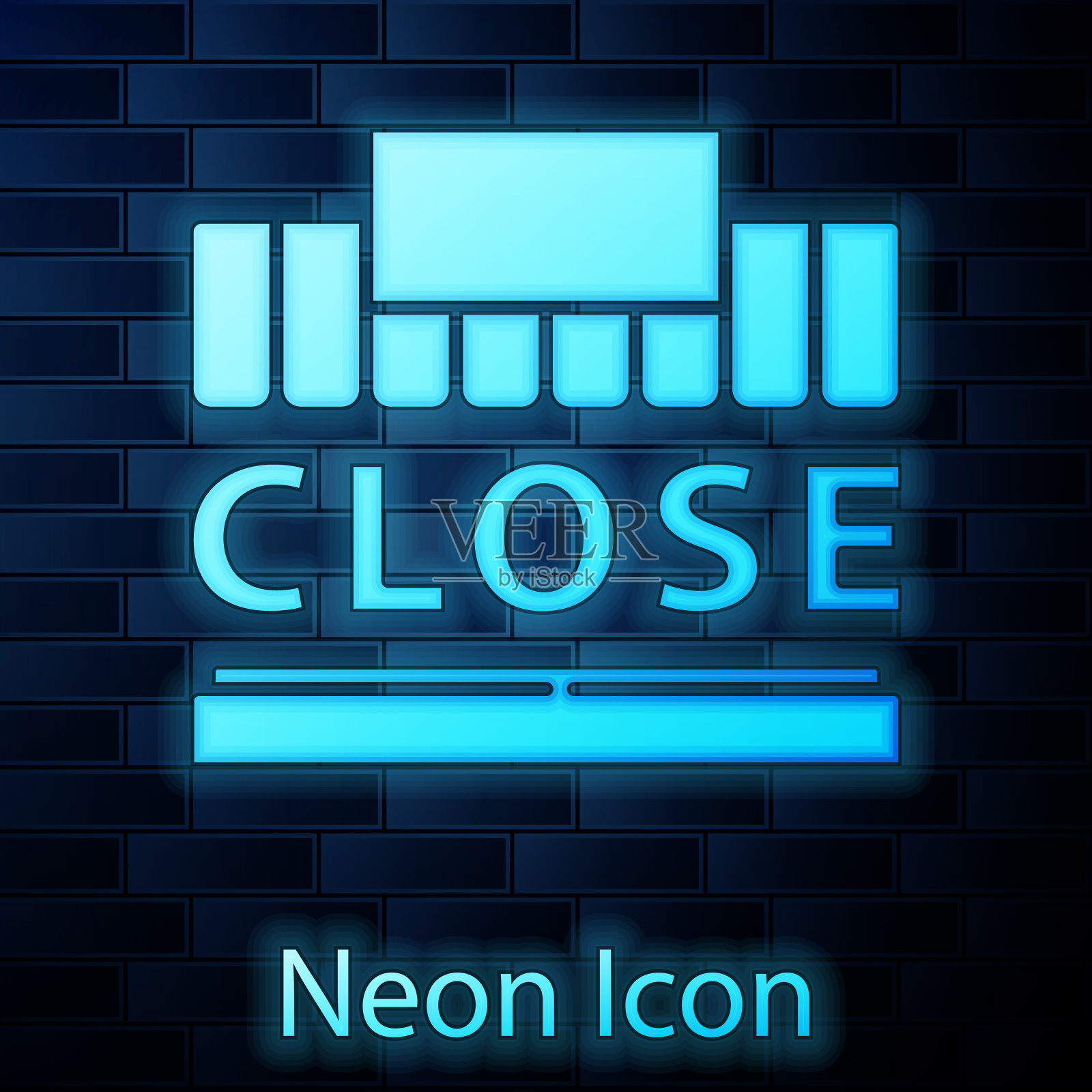 霓虹灯购物大楼或市场商店和文字关闭图标孤立的砖墙背景。店建设。矢量图插画图片素材